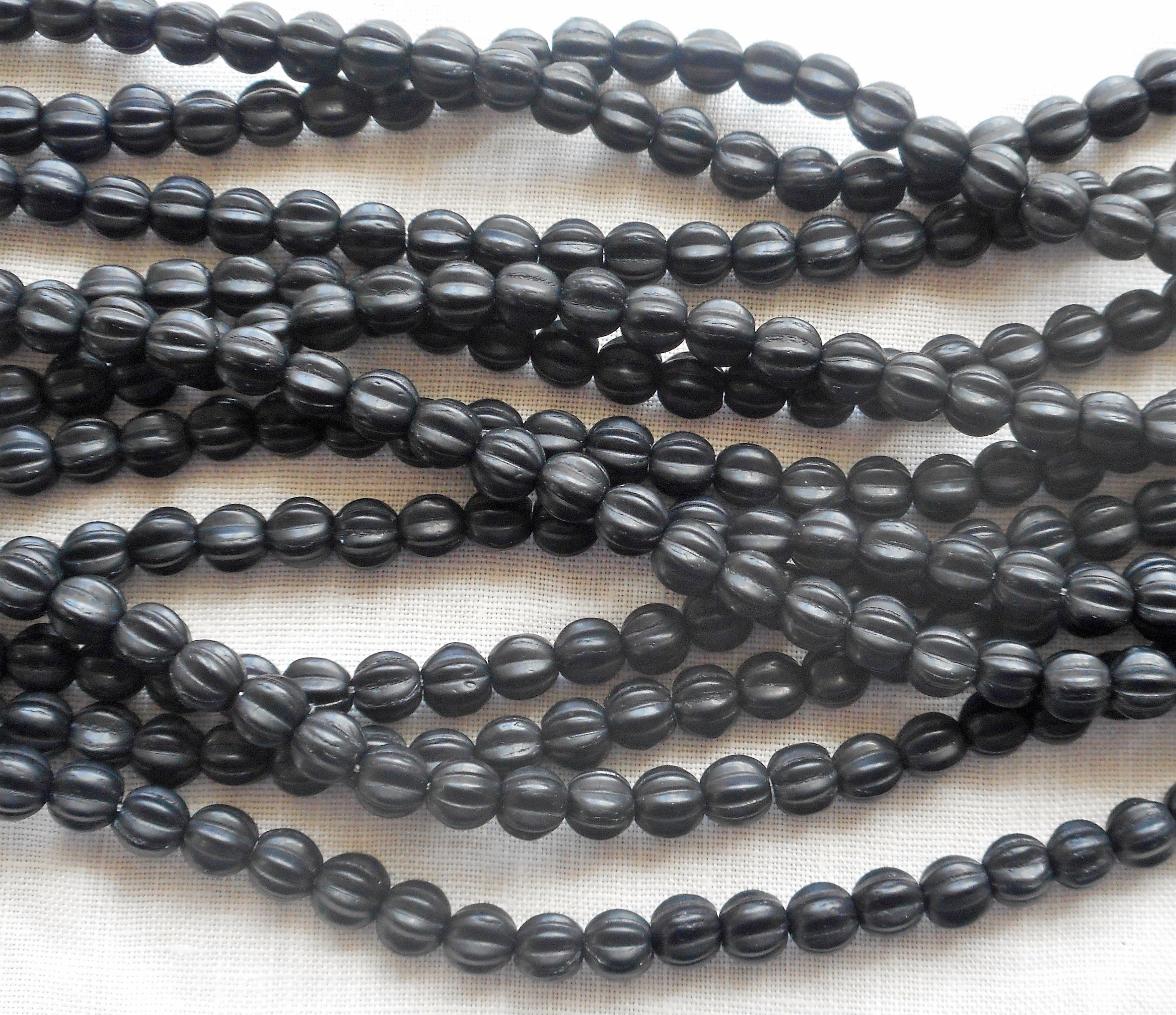 Fifty 5mm Matte Jet Black glass melon beads, Czech pressed glass beads C0950