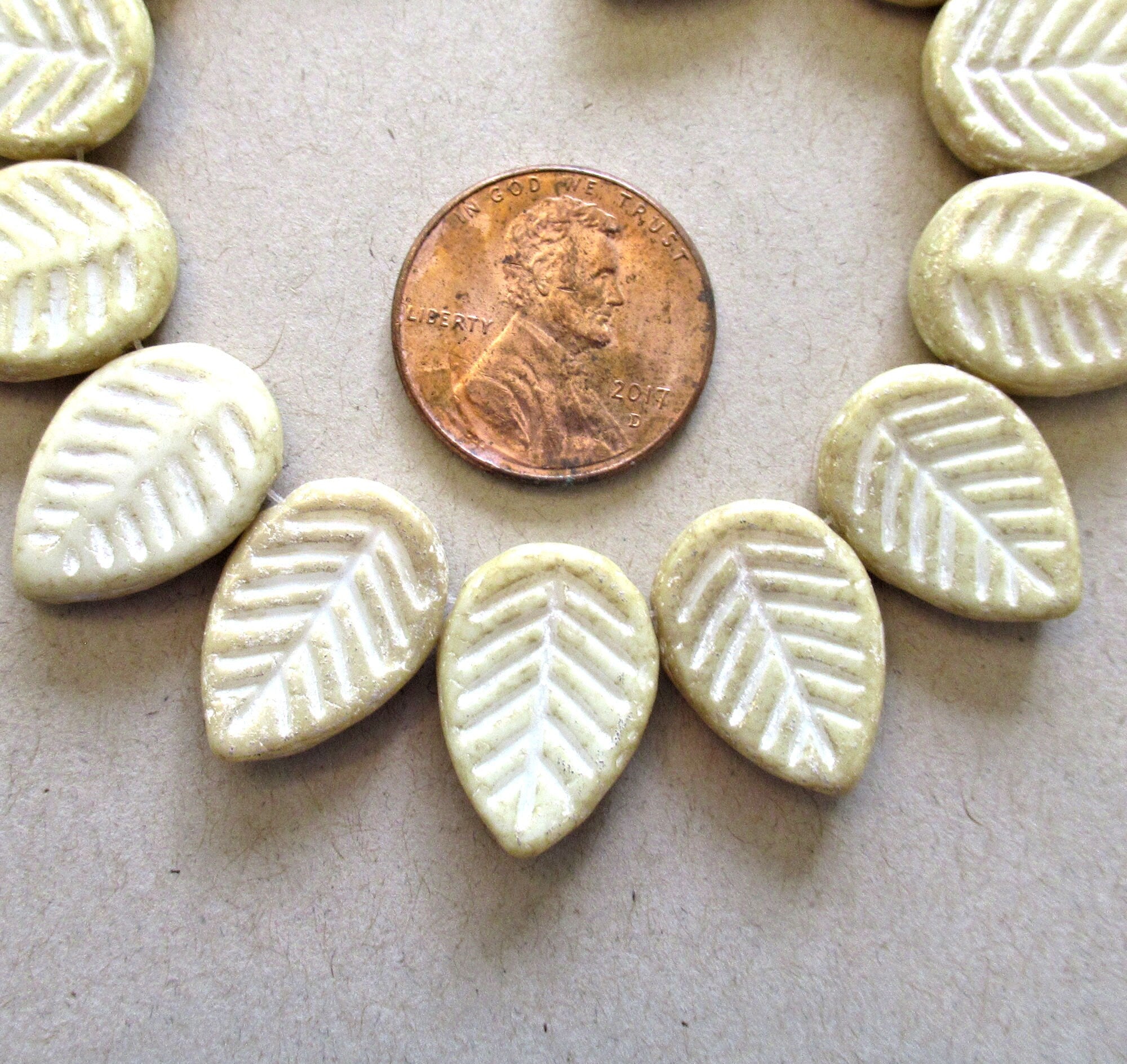 Ten large Czech glass leaf beads - side drilled off white beads with a white wash - 12 x 16mm carved beads C00021