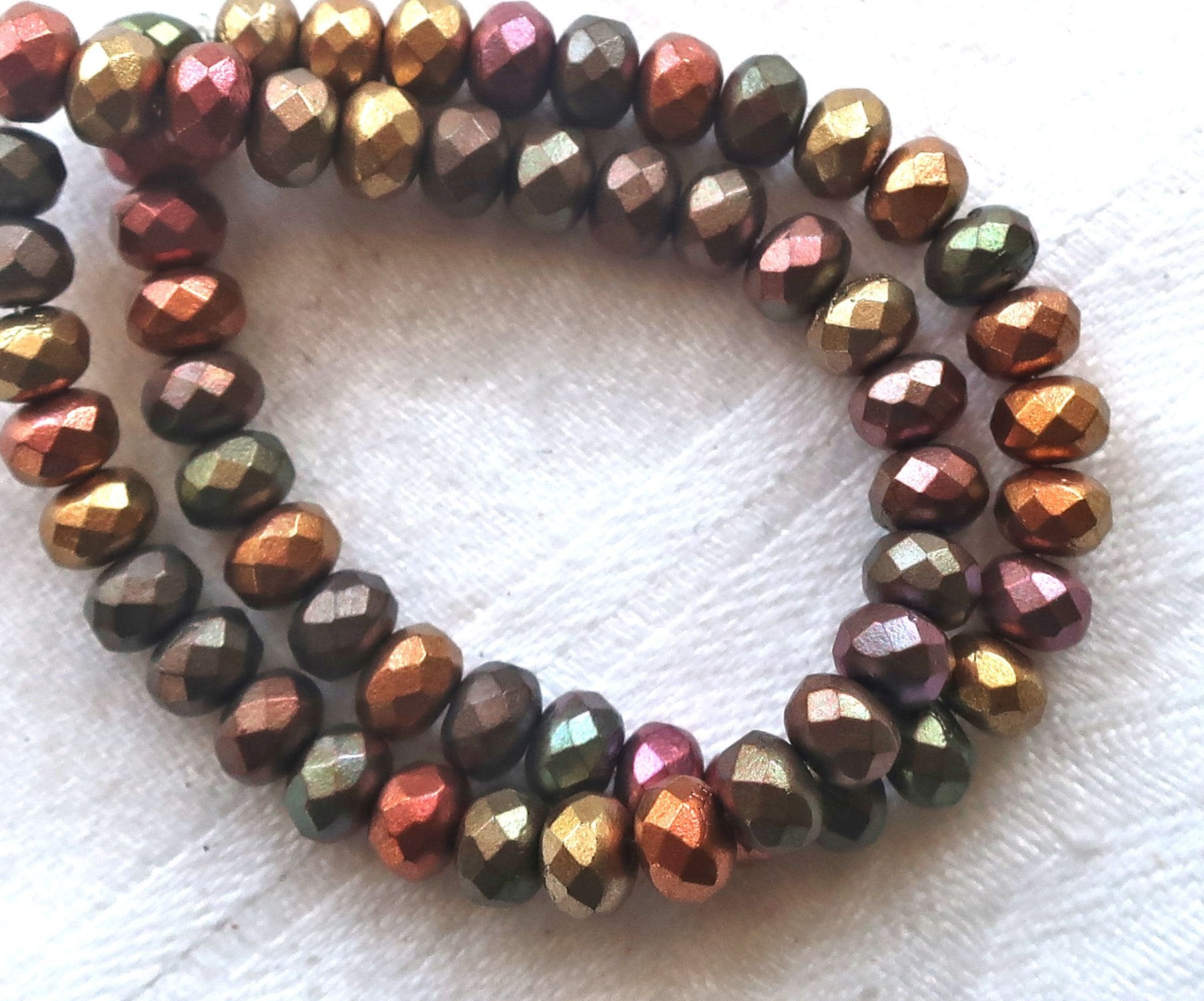 30 small puffy rondelle beads, opaque matte metallic mix earth tones, 3 x 5mm faceted Czech glass rondelles C53101