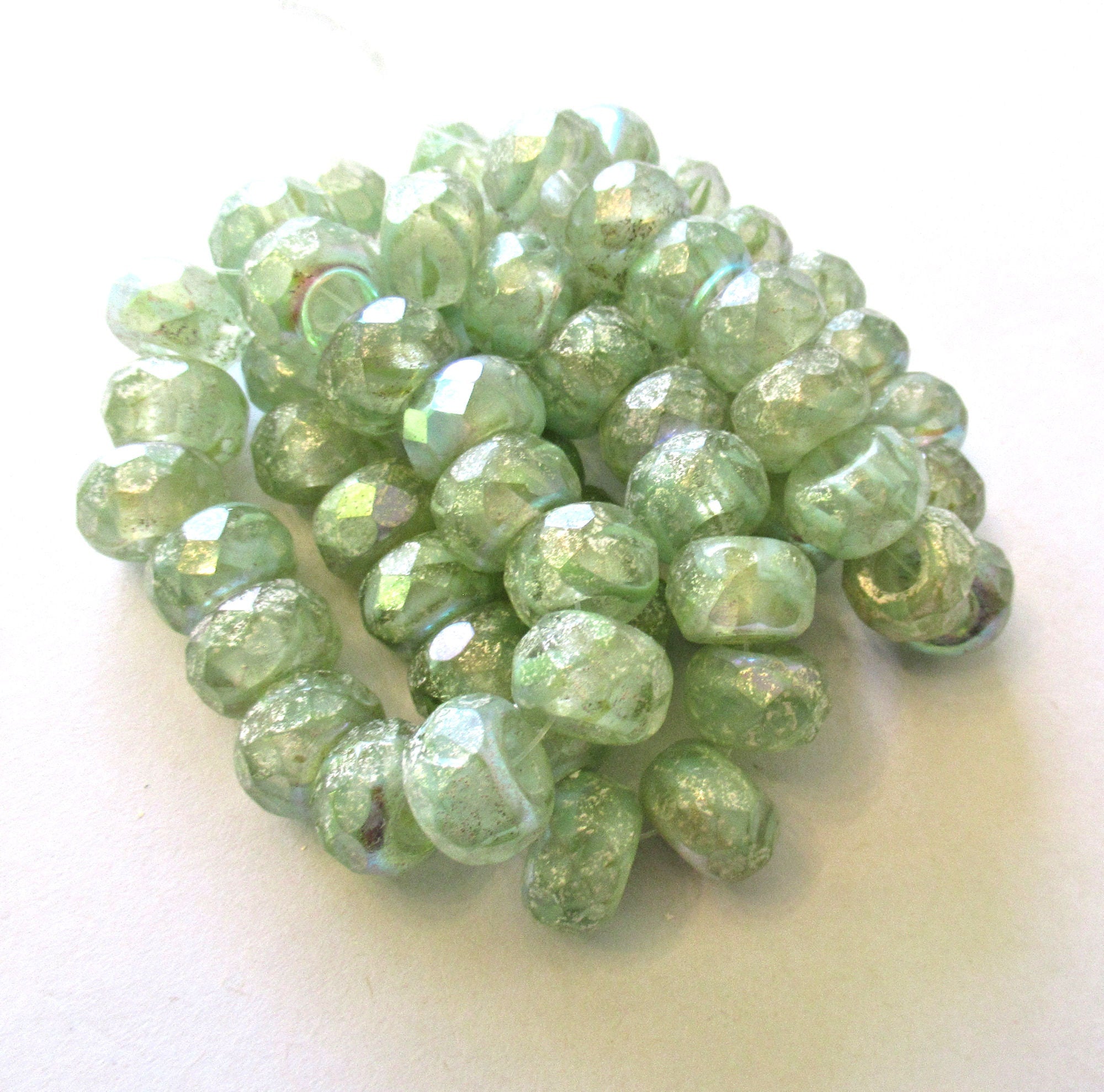 Five 12 x 8mm faceted Czech glass roller or rondelle beads - etched honeydew green ab w/ silver - big 5mm holes - big hole focal beads 00261