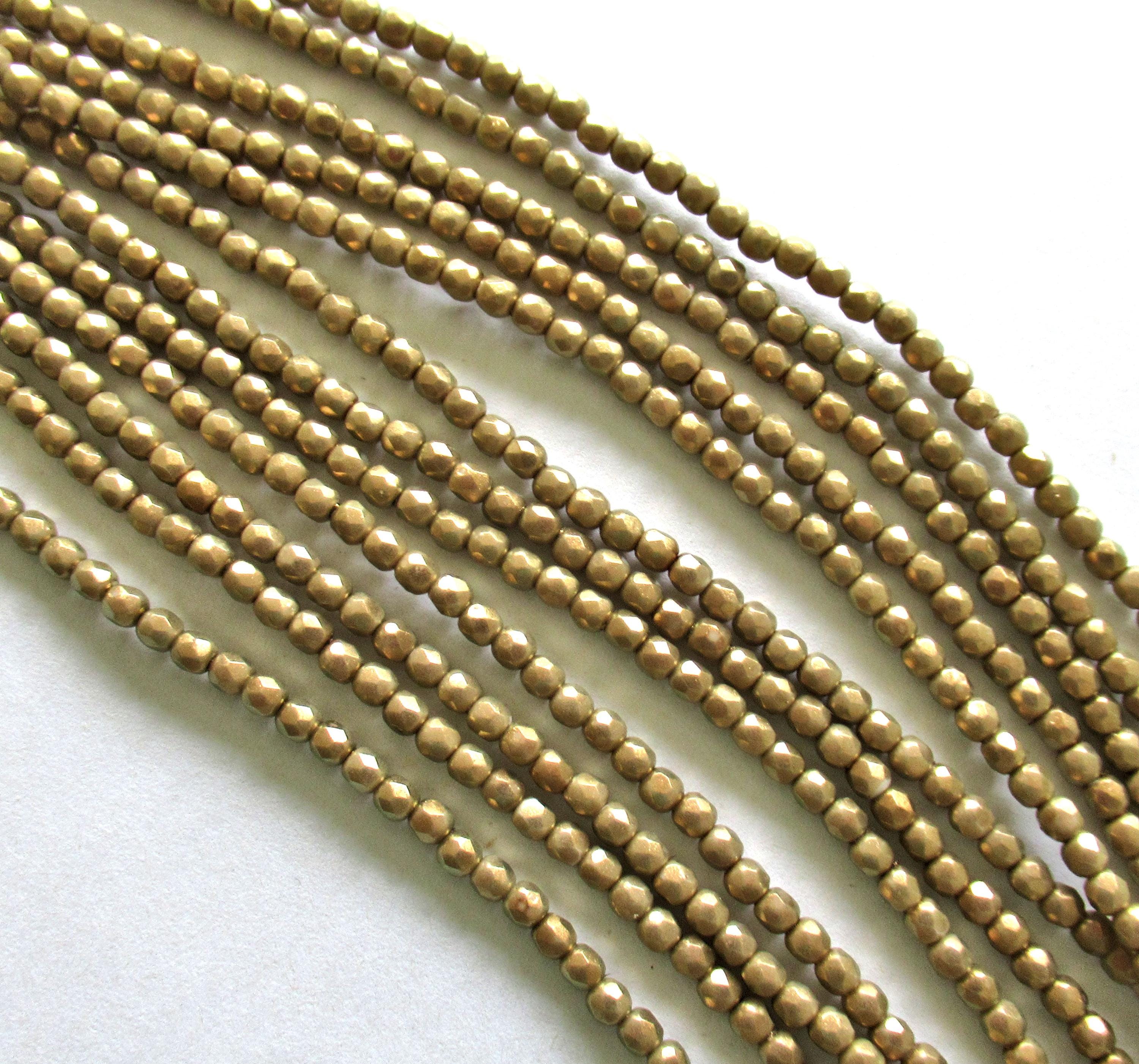 50 3mm Halo Ethereal Linen Czech glass beads - opaque neutral khaki or tan beads w/ gold finish - faceted fire polished round beads - C0008