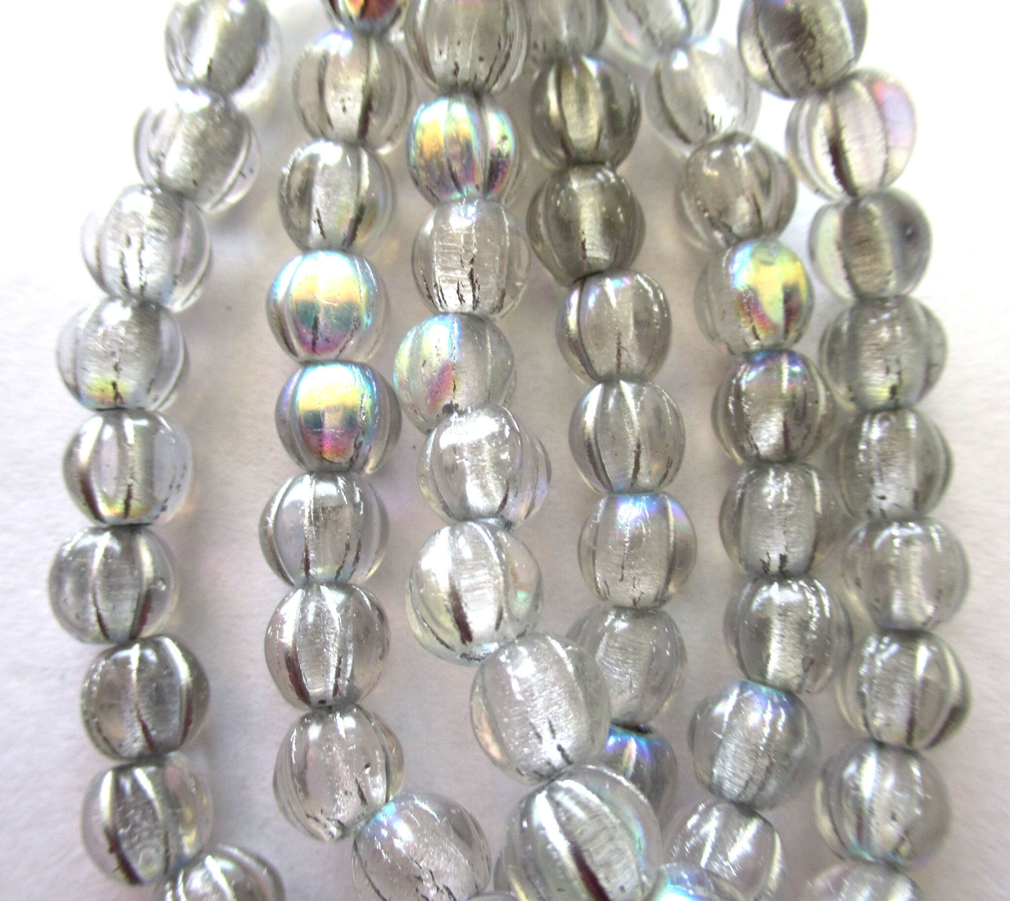 25 6mm Czech glass melon beads - crystal with a silver ab finish - pressed glass beads - C0096