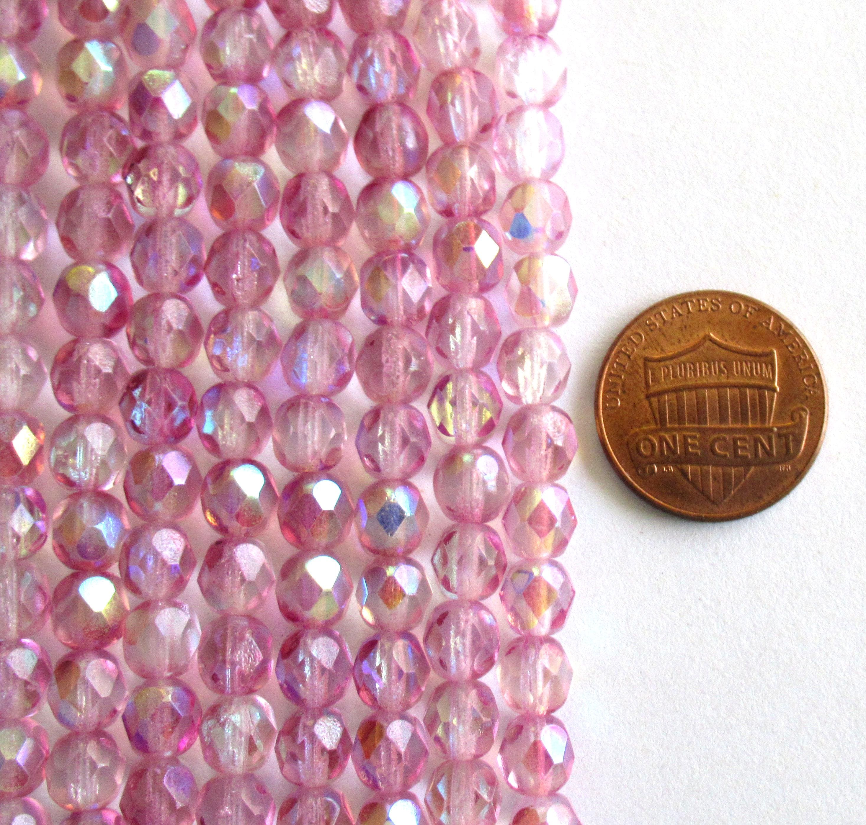 Lot of 25 6mm Czech glass beads - Coated Violet AB - light purple amethyst - almost pink - fire polished faceted round beads - C0016