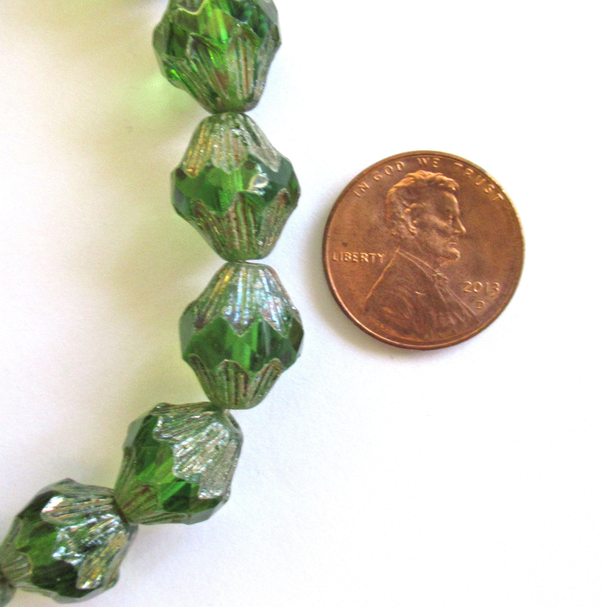 Lot of five 13mm Czech glass bicones - large emerald green picasso chunky, faceted bicone beads - C0067