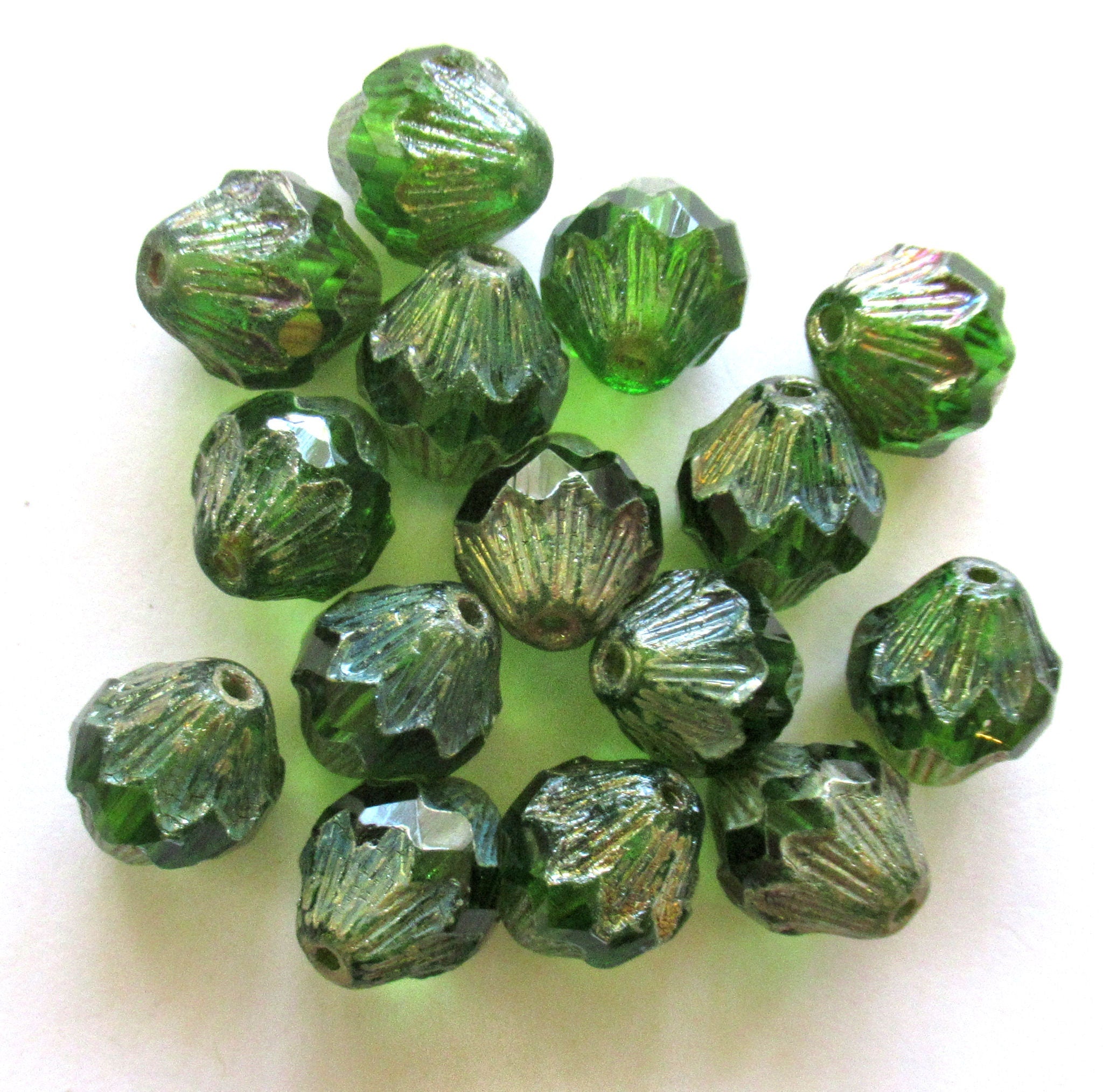 Lot of five 13mm Czech glass bicones - large emerald green picasso chunky, faceted bicone beads - C0067