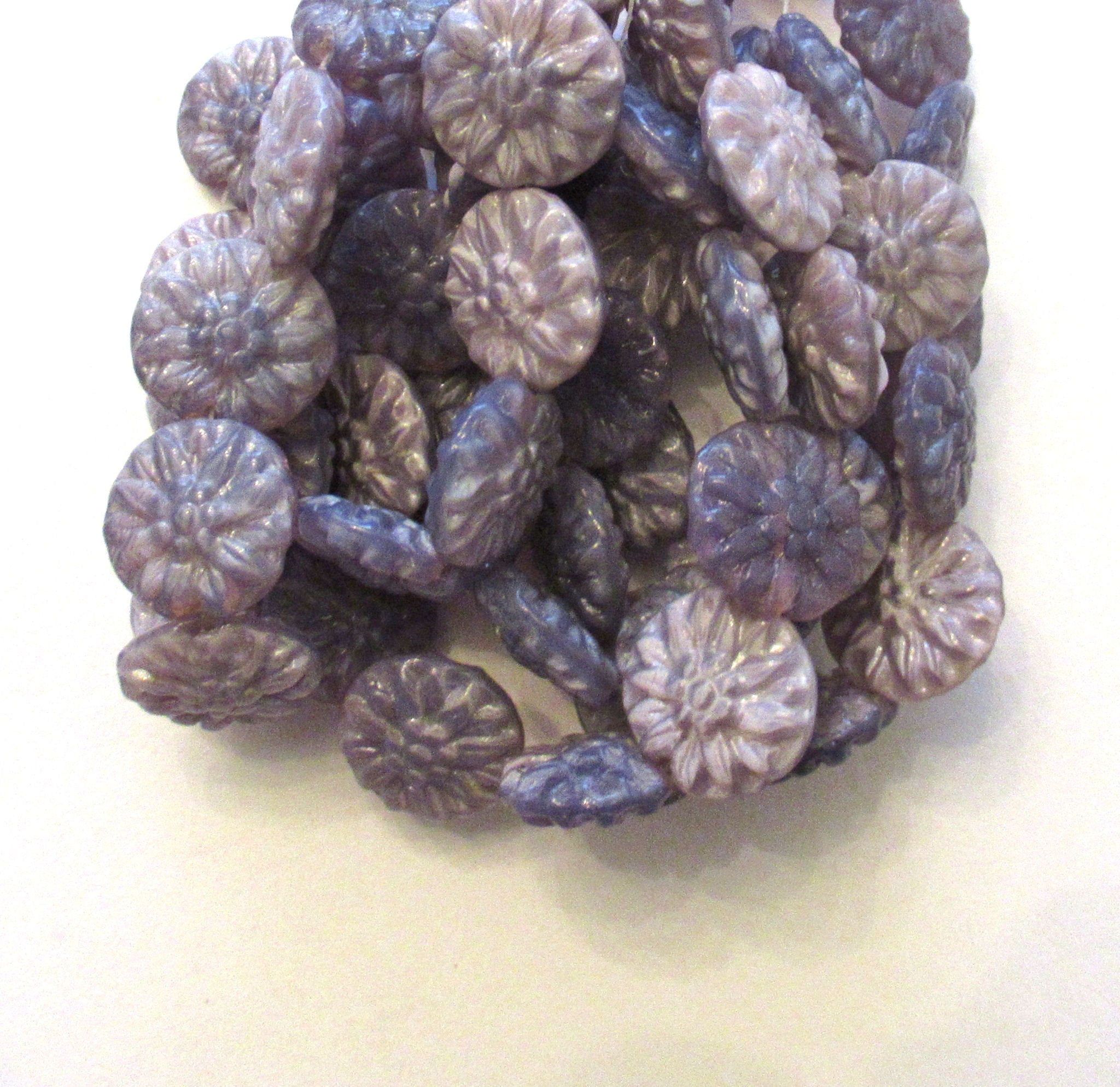 Five Czech glass Dahlia flower beads - 14mm translucent light and dark purple lavender amethyst floral coin beads C0037