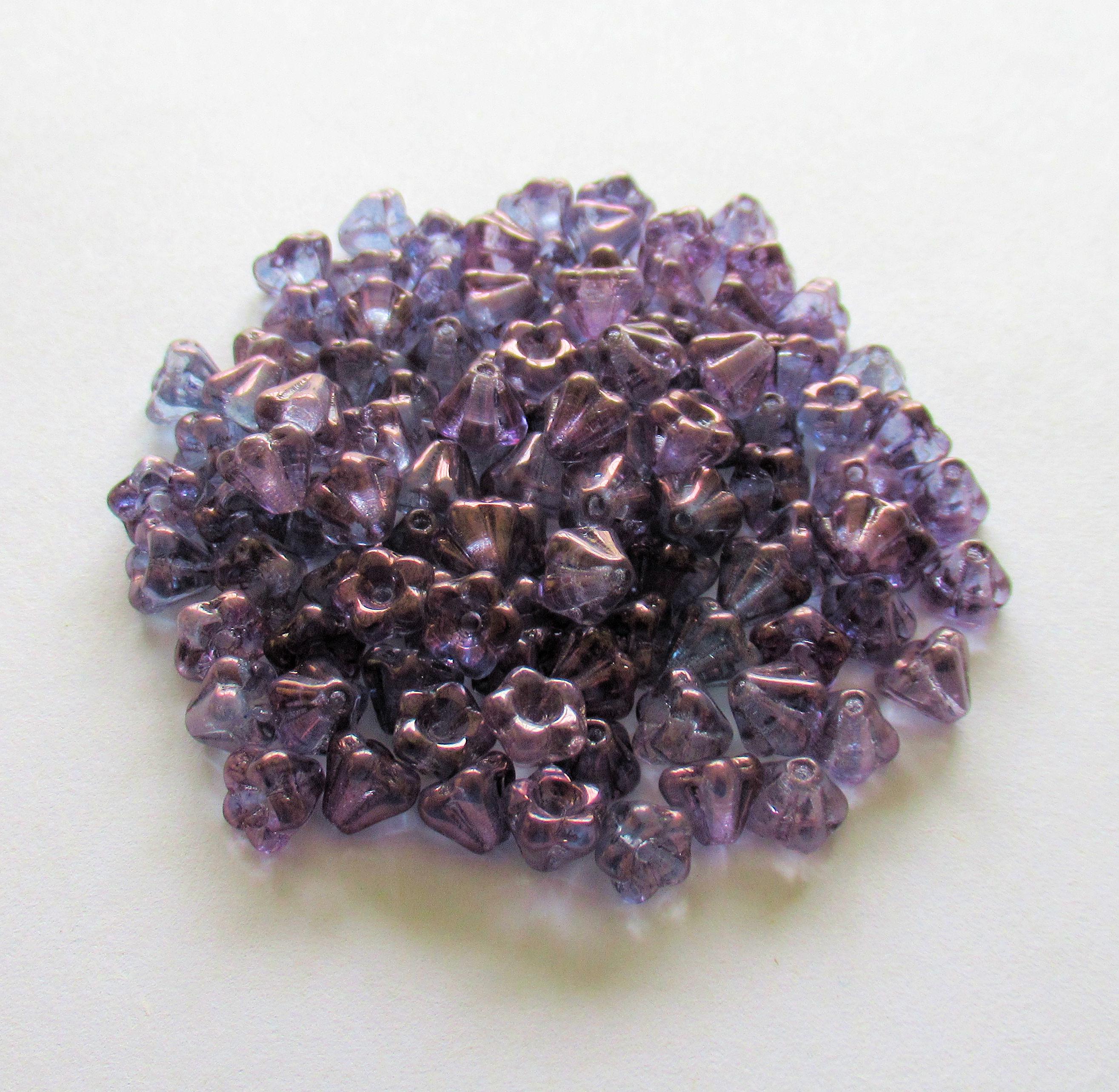 Lot of 50 Czech glass baby Bell Flower beads - 4x 6mm - lumi amethyst / purple pressed glass flower beads - C00201