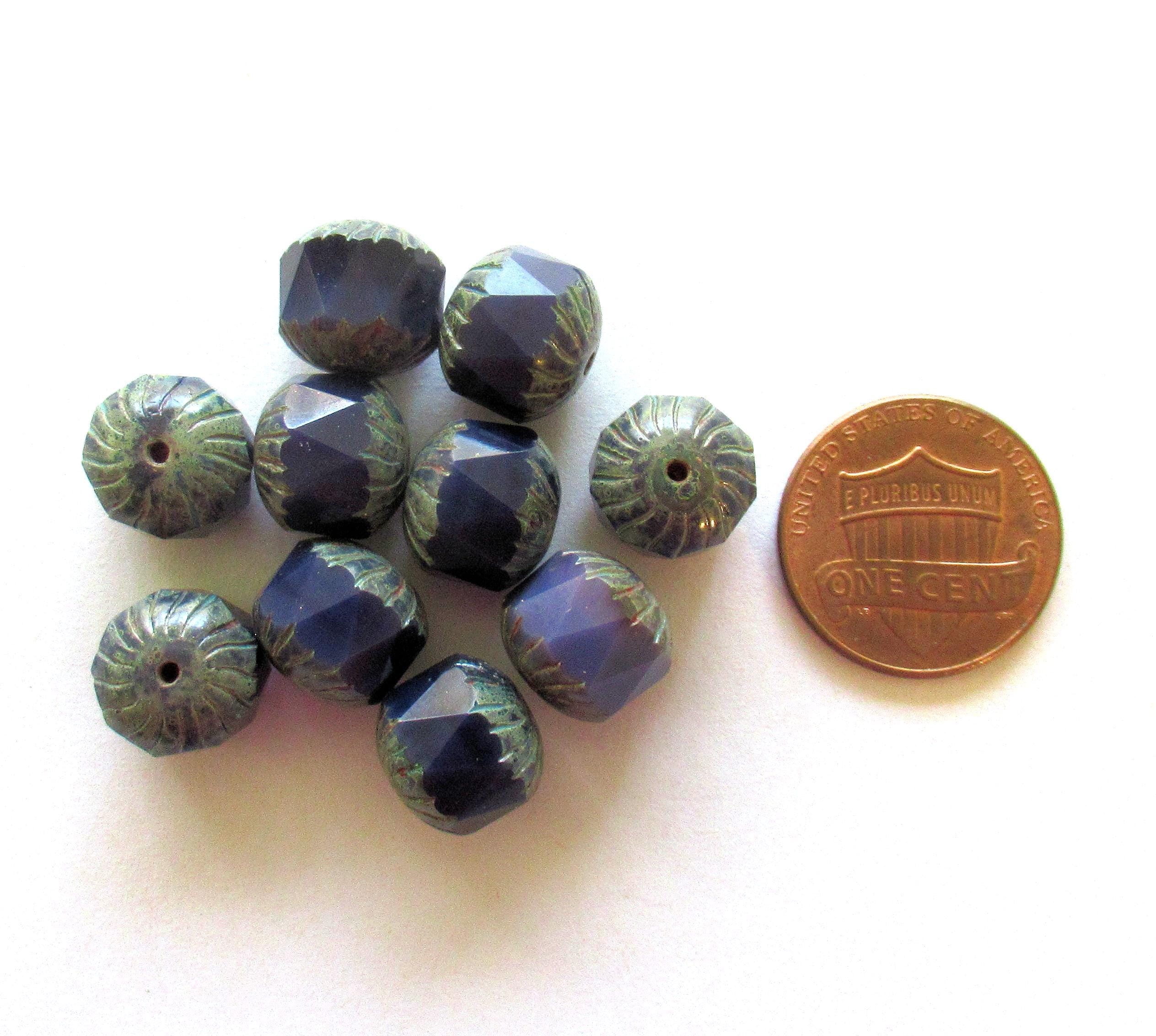 Ten large Czech glass center faceted carved cruller beads - 10mm - round purple opal cathedral beads with gray picasso accents - 00004
