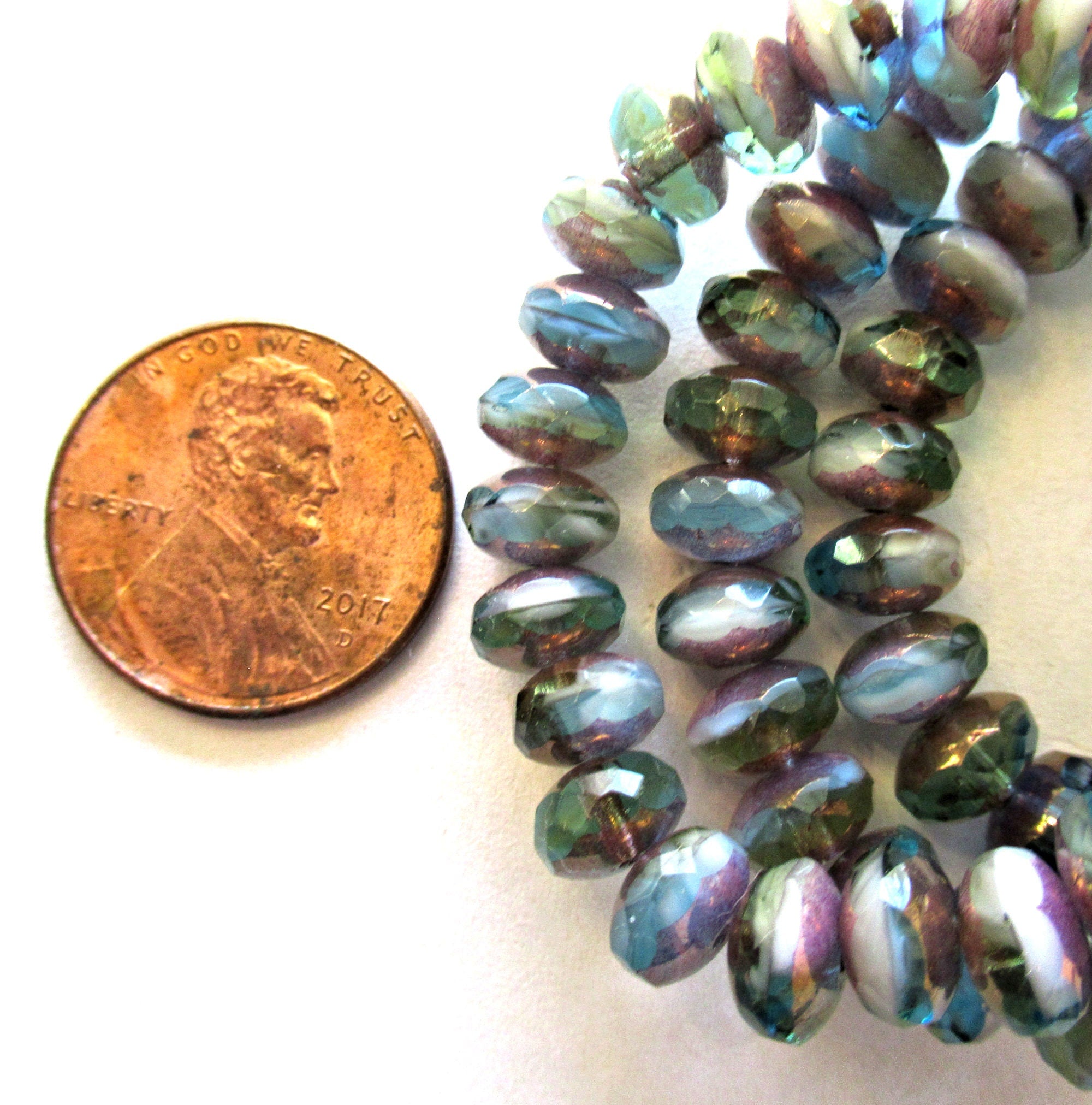25 Czech glass puffy rondelle beads - 5 x 7mm transparent & opaque Peruvian opal color mix faceted rondelles - 00612