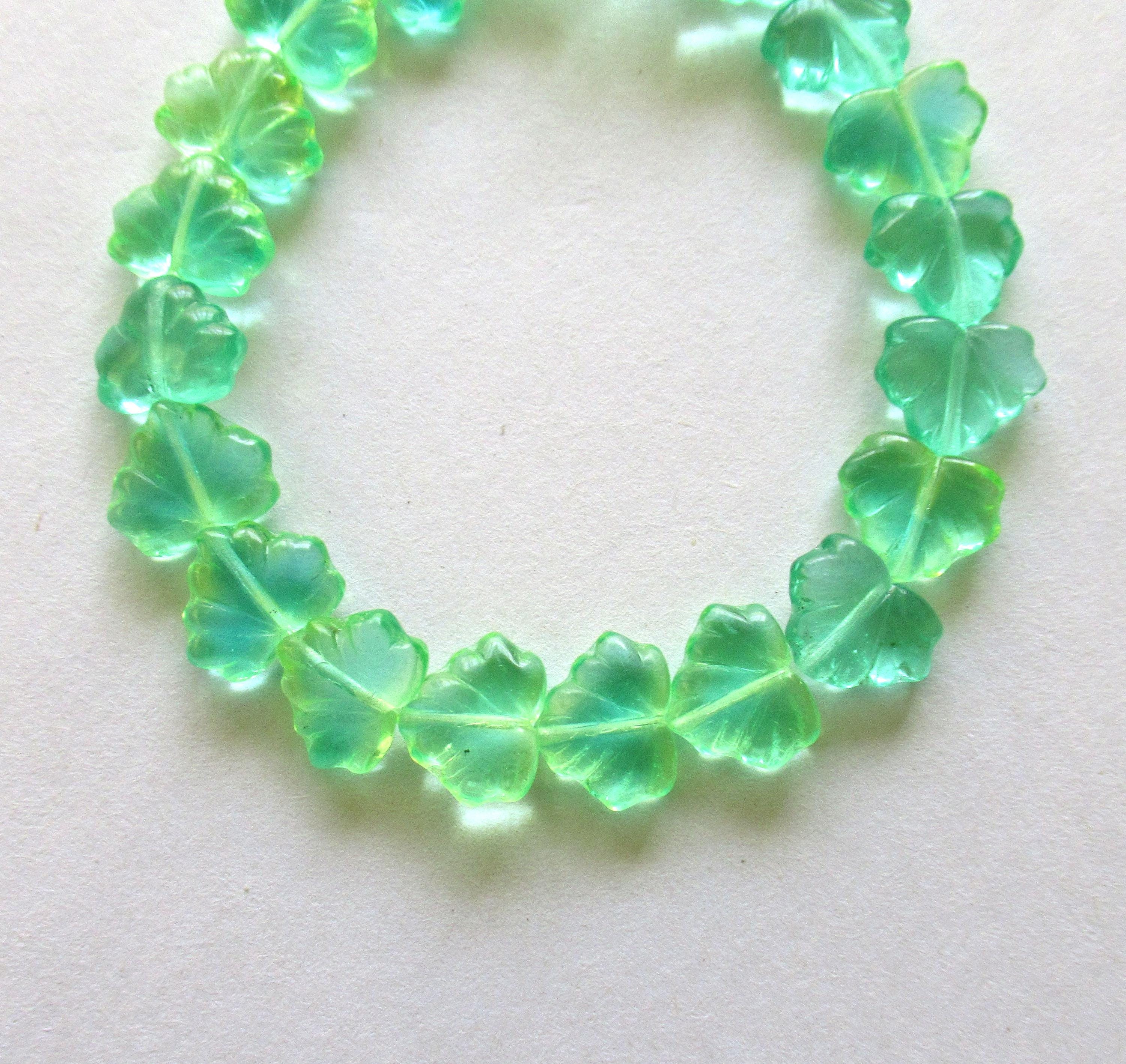 10 Czech glass maple leaf beads - transparent blue green mix leaves - center drilled - 13 x 11mm leaves- C00011