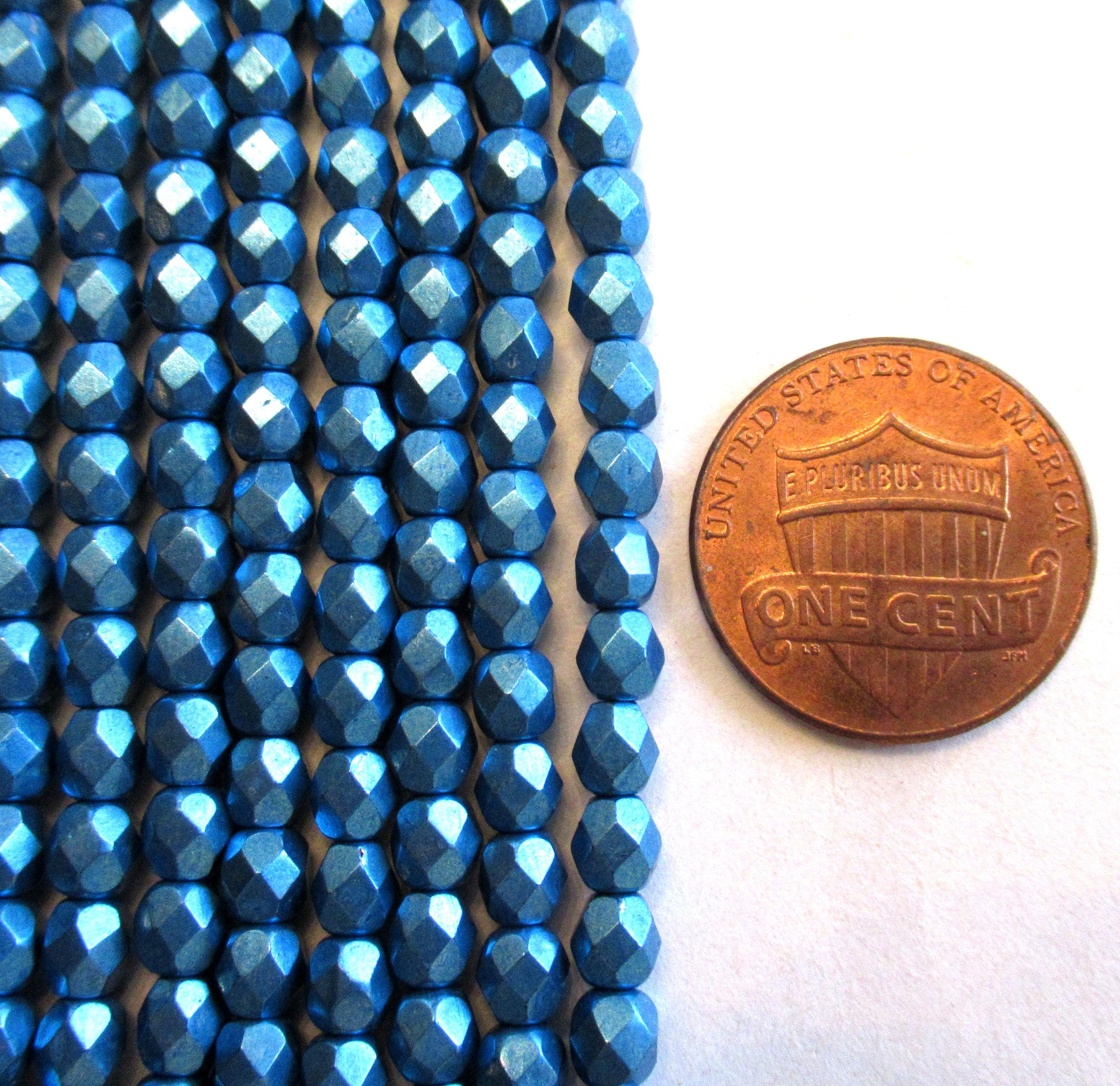 50 4mm Czech glass blue beads - saturated metallic nebulas blue - faceted fire polished round beads - C0084