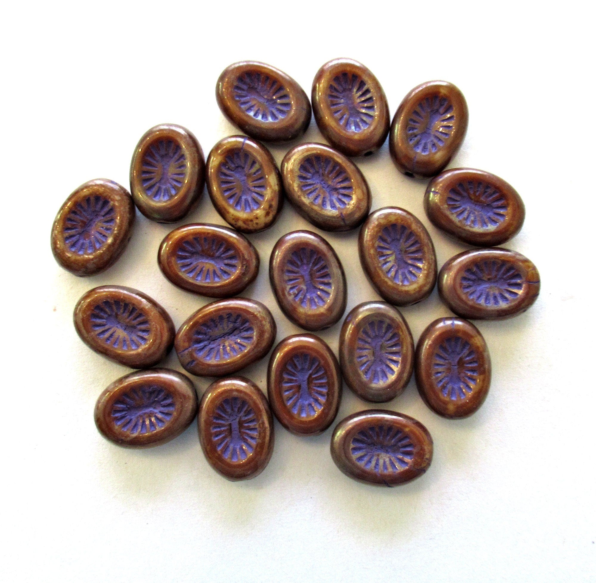 Ten 14 x 11mm Czech glass oval kiwi beads - opaque brown with a purple wash - pressed glass rustic beads - C00011