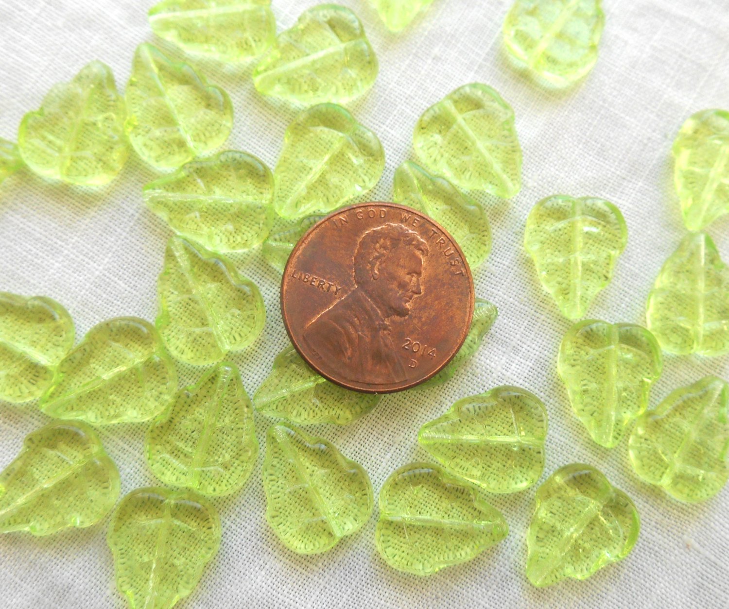 25 Czech glass birch leaf beads - Light Peridot Lime Green - 12 x 10mm - large center drilled leaves - C6801