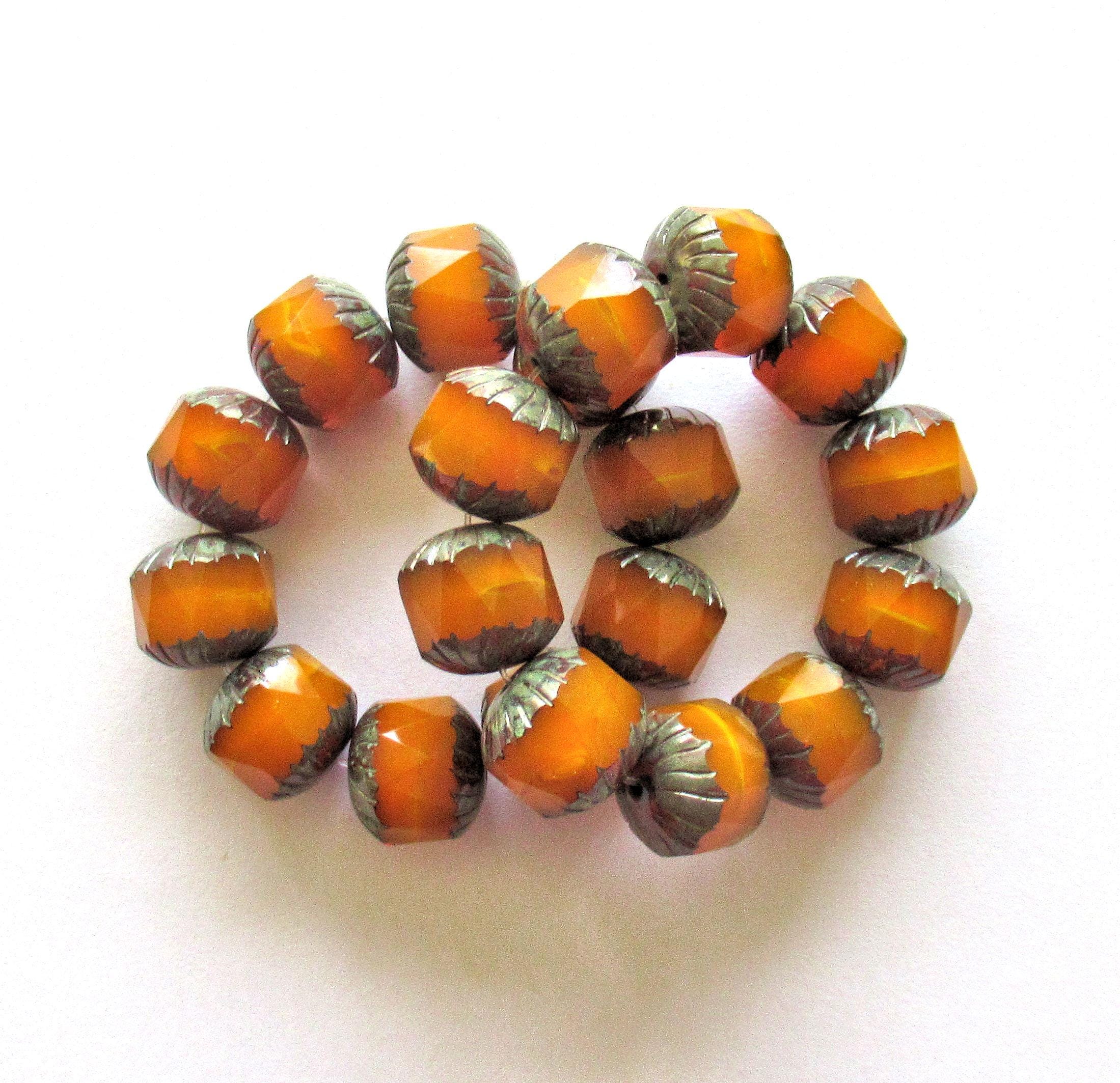 Ten large Czech glass center faceted carved cruller beads - 10mm - round pumpkin orange opal cathedral beads with picasso accents - 00005