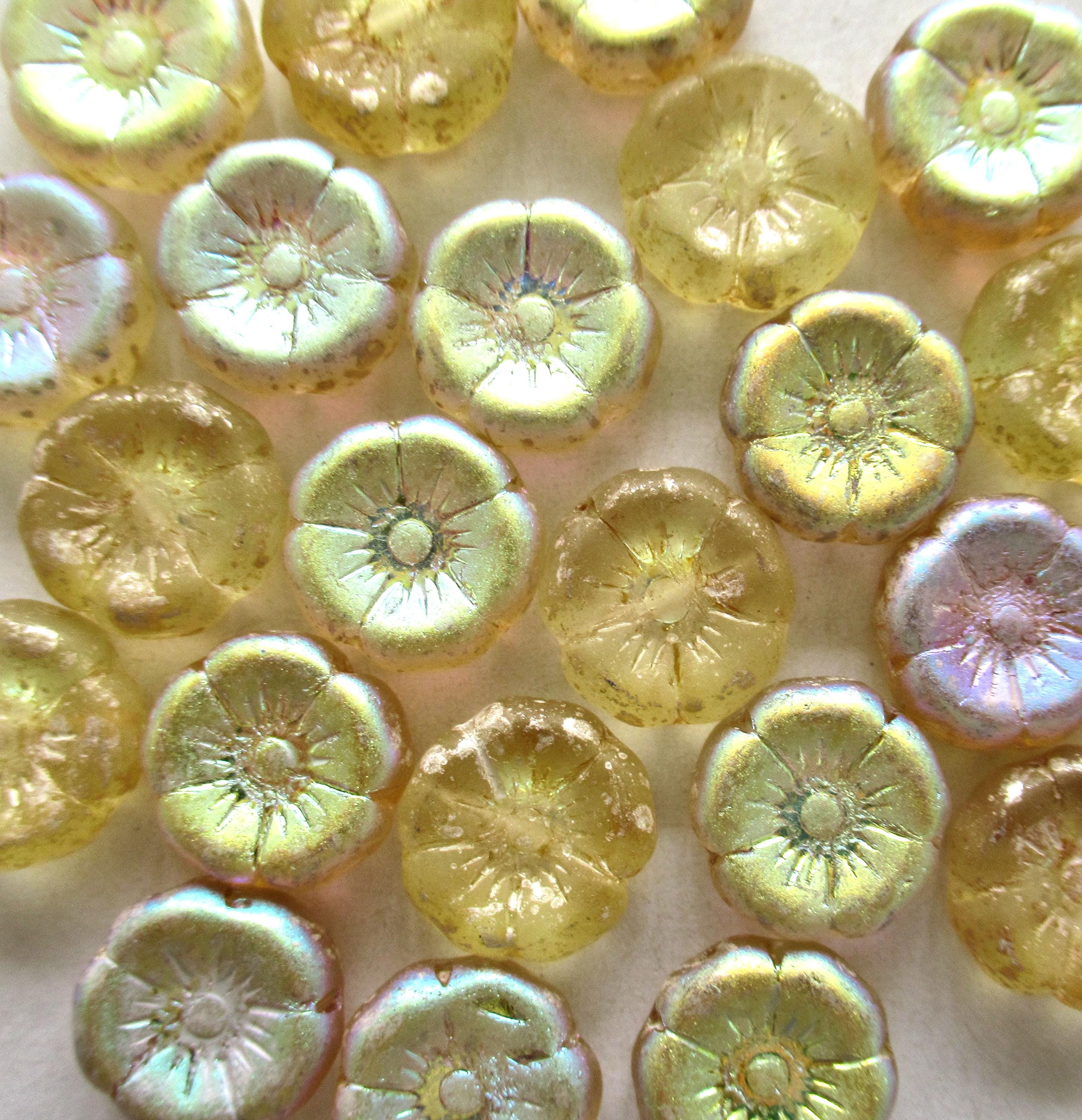 Twelve 12mm Czech glass flower beads - light yellow ab beads - Hawaiian floral beads C00122