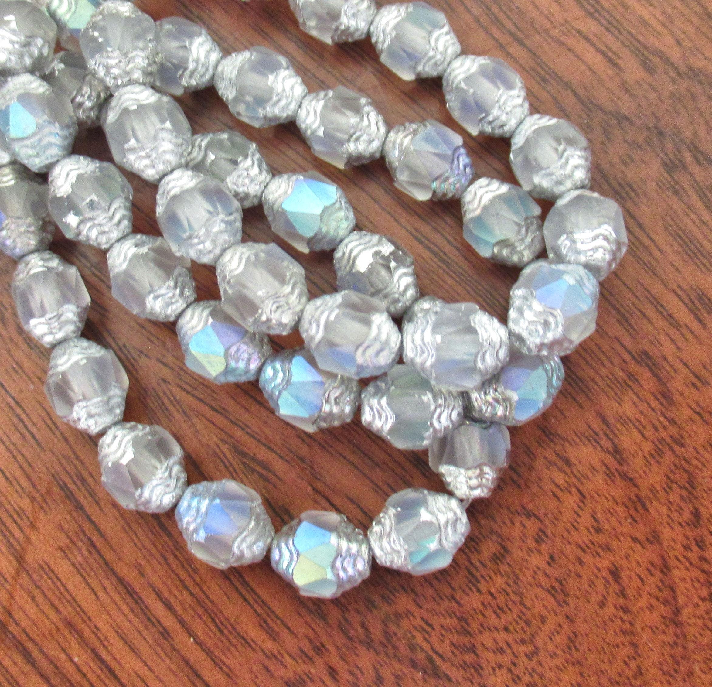 15 Czech glass mini antique style faceted oval cathedral beads - 8 x 6mm matte crystal clear ab with silver accents - C00071
