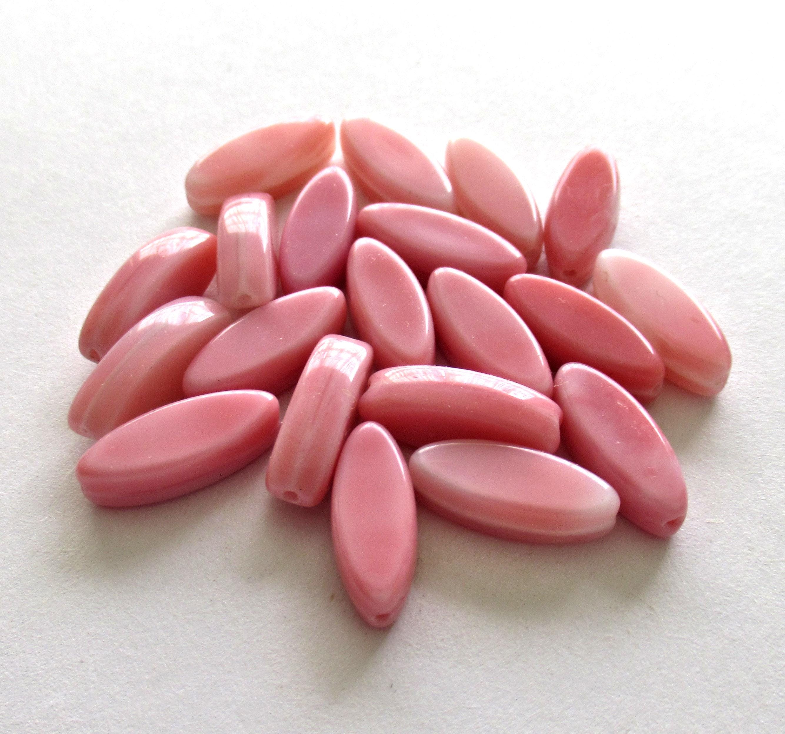 Ten Czech glass pink spindle beads - 16 x 6mm two tone pink & white oval pressed glass beads- C0007