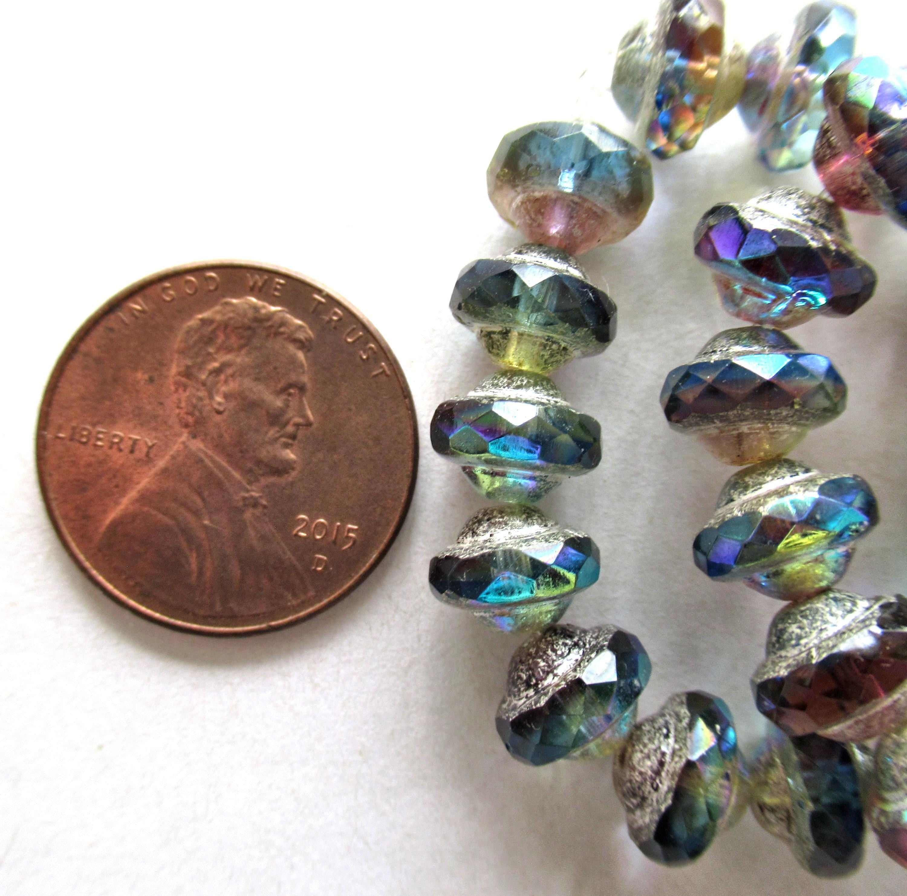 15 Czech glass mini saturn / saucer beads - 6 x 8mm blue & purple / amethyst ab color mix with a silver ab picasso finish C5842