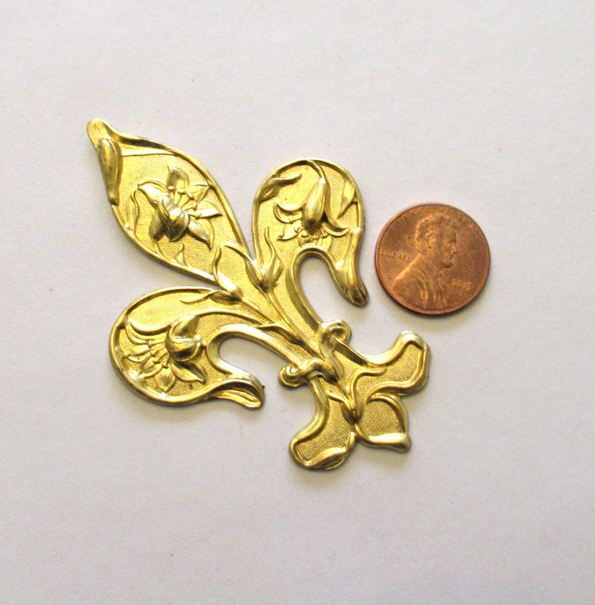 1 large fleur-de-lis raw brass stamping - a large ornate Victorian pendant, ornament, component - 3" X 2" inches - made in the USA C00171