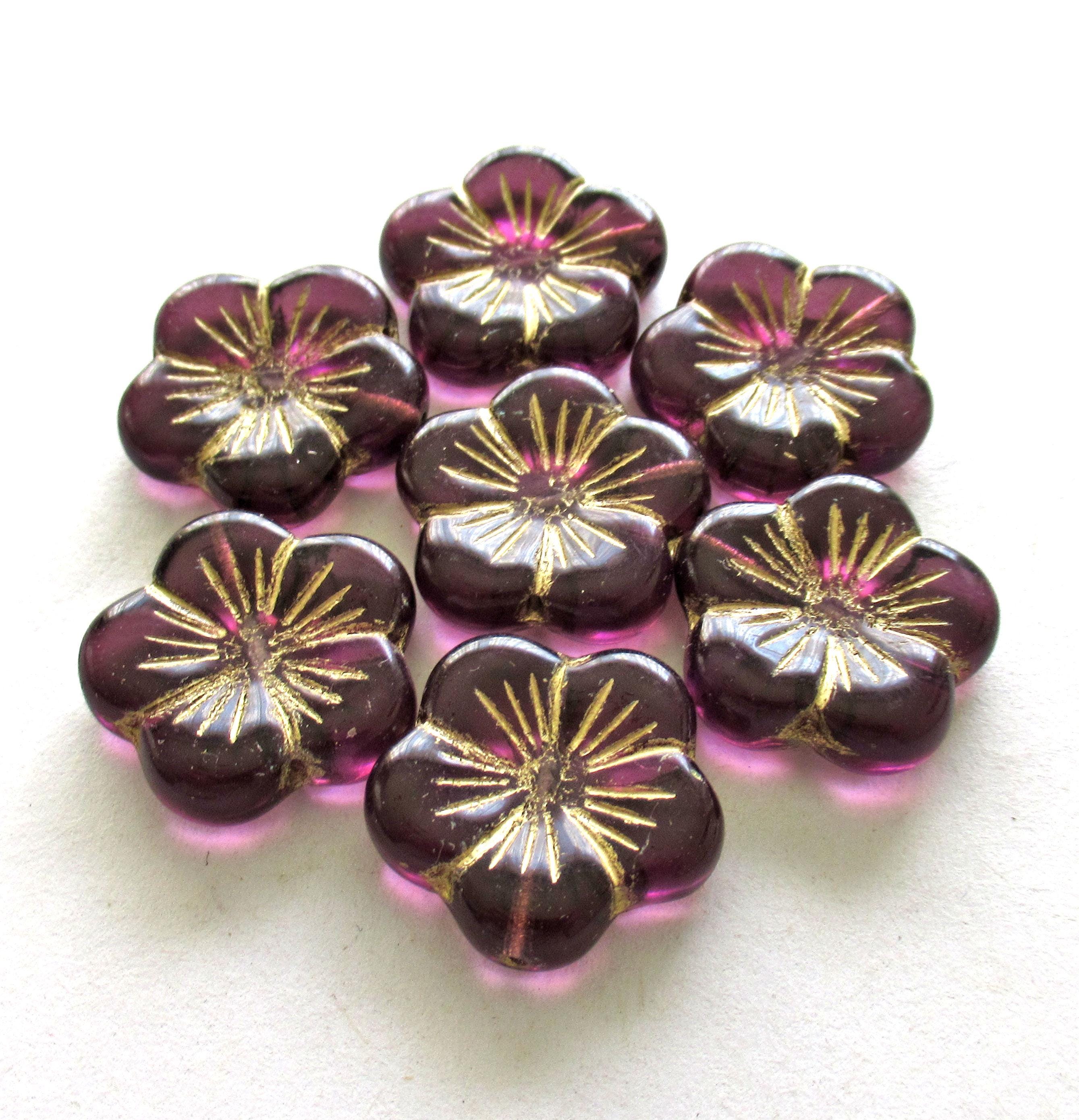 Four large Czech glass flower beads - amethyst or purple pansy beads with gold accents - beads - focal or statement beads - 20mm - 00521