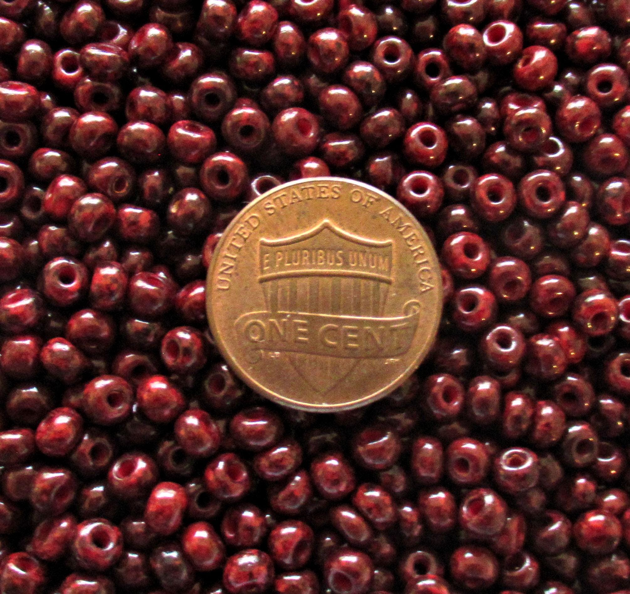 24 grams Czech 6/0 glass seed beads - size 6 - opaque dark red beads with a tavertine finish - Preciosa Rocaille 4mm spacer beads - C00111