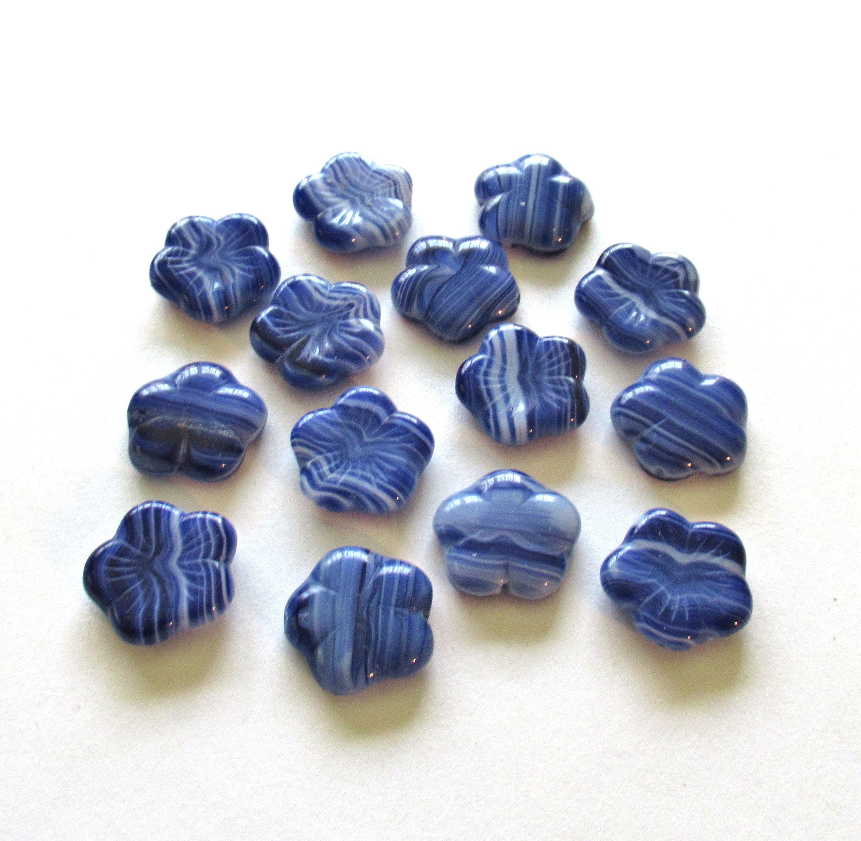 Ten 14mm Czech glass flower beads - opaque marbled dark blue & white beads - striped pressed floral beads - C0331