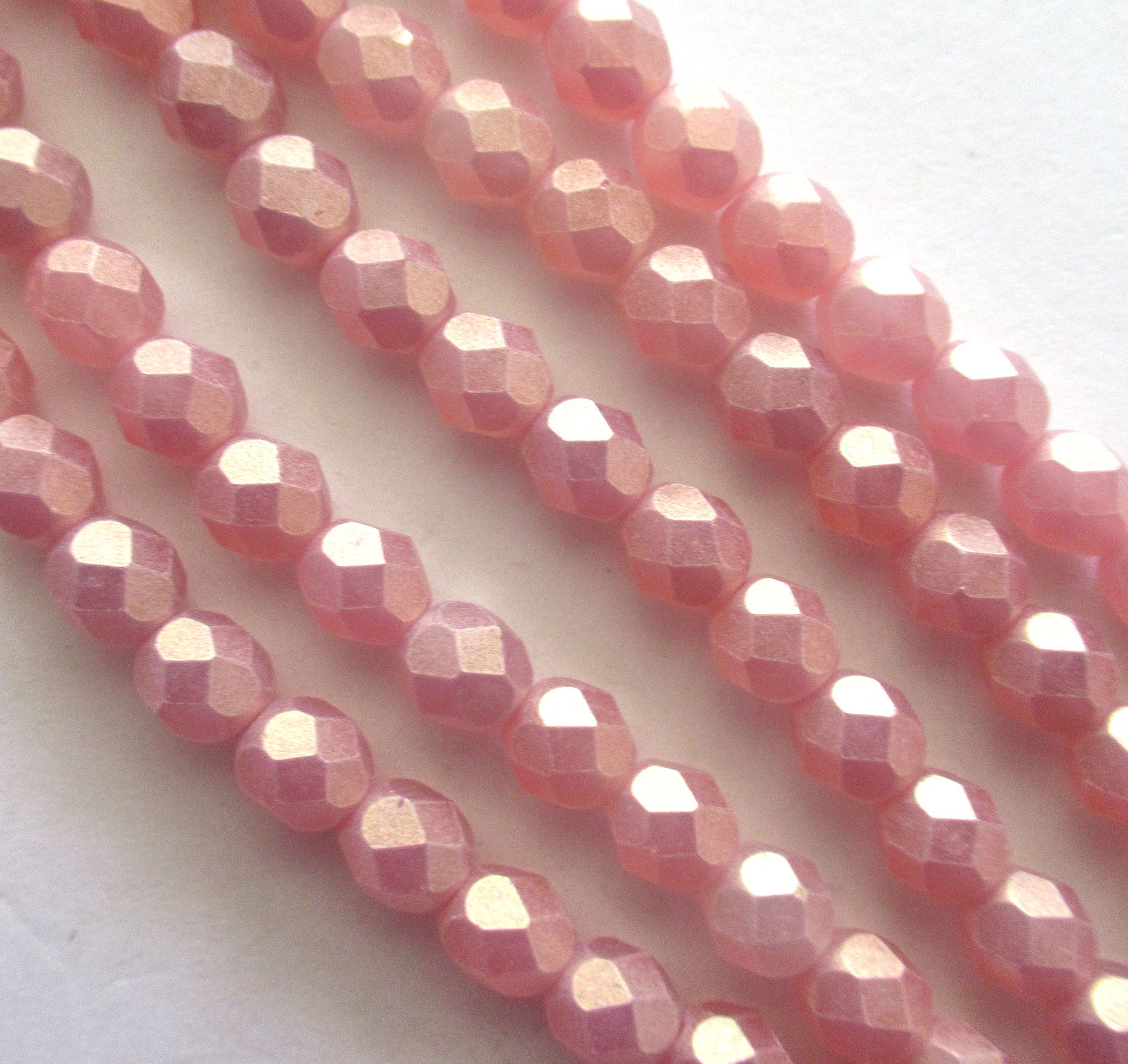 Lot of 25 6mm sueded gold milky pink Czech glass beads - round, faceted fire polished beads C0036
