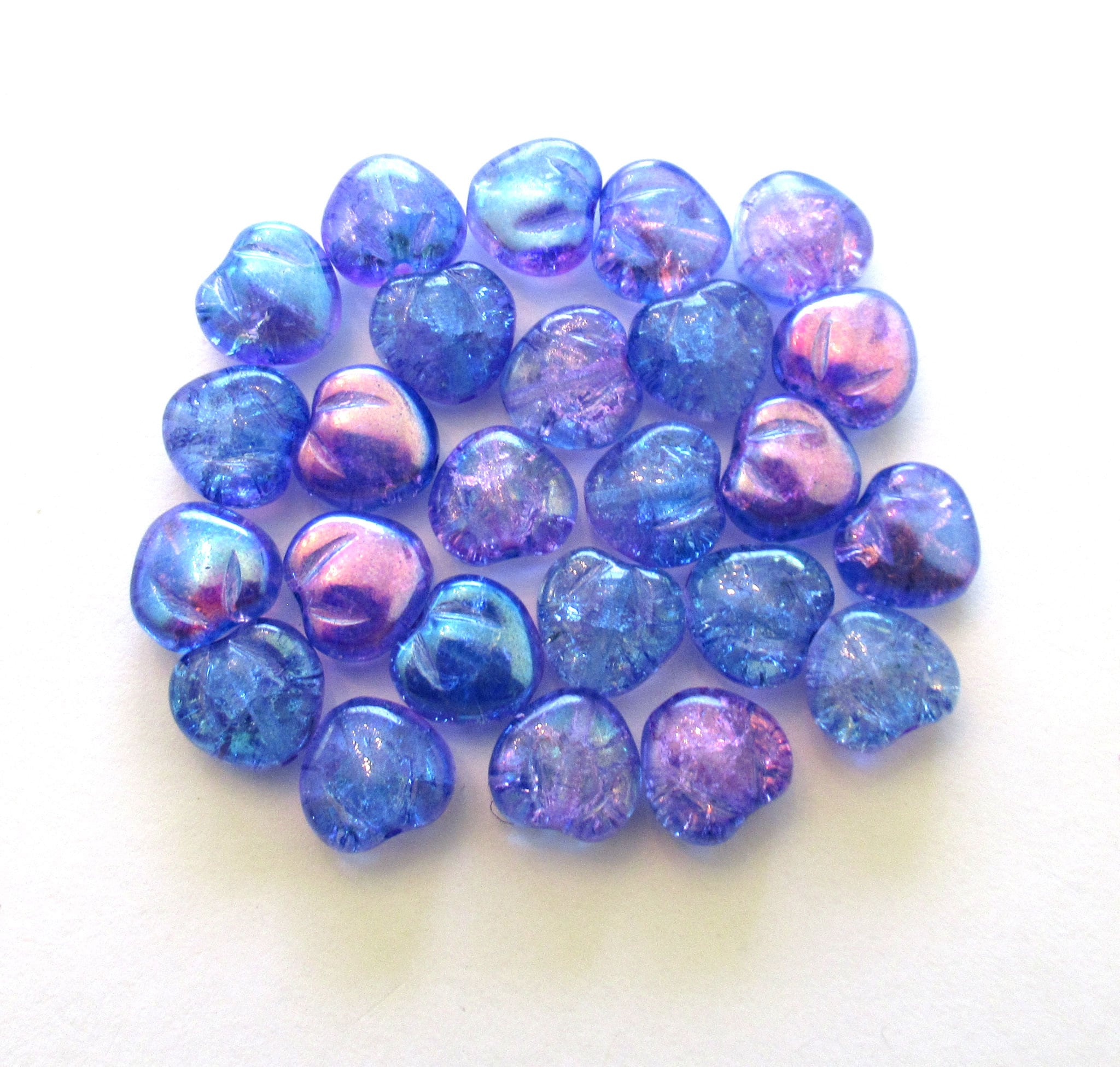 Lot of 10 Czech glass heart beads - 11mm blue and purple crackle glass hearts with an ab finish - C0049