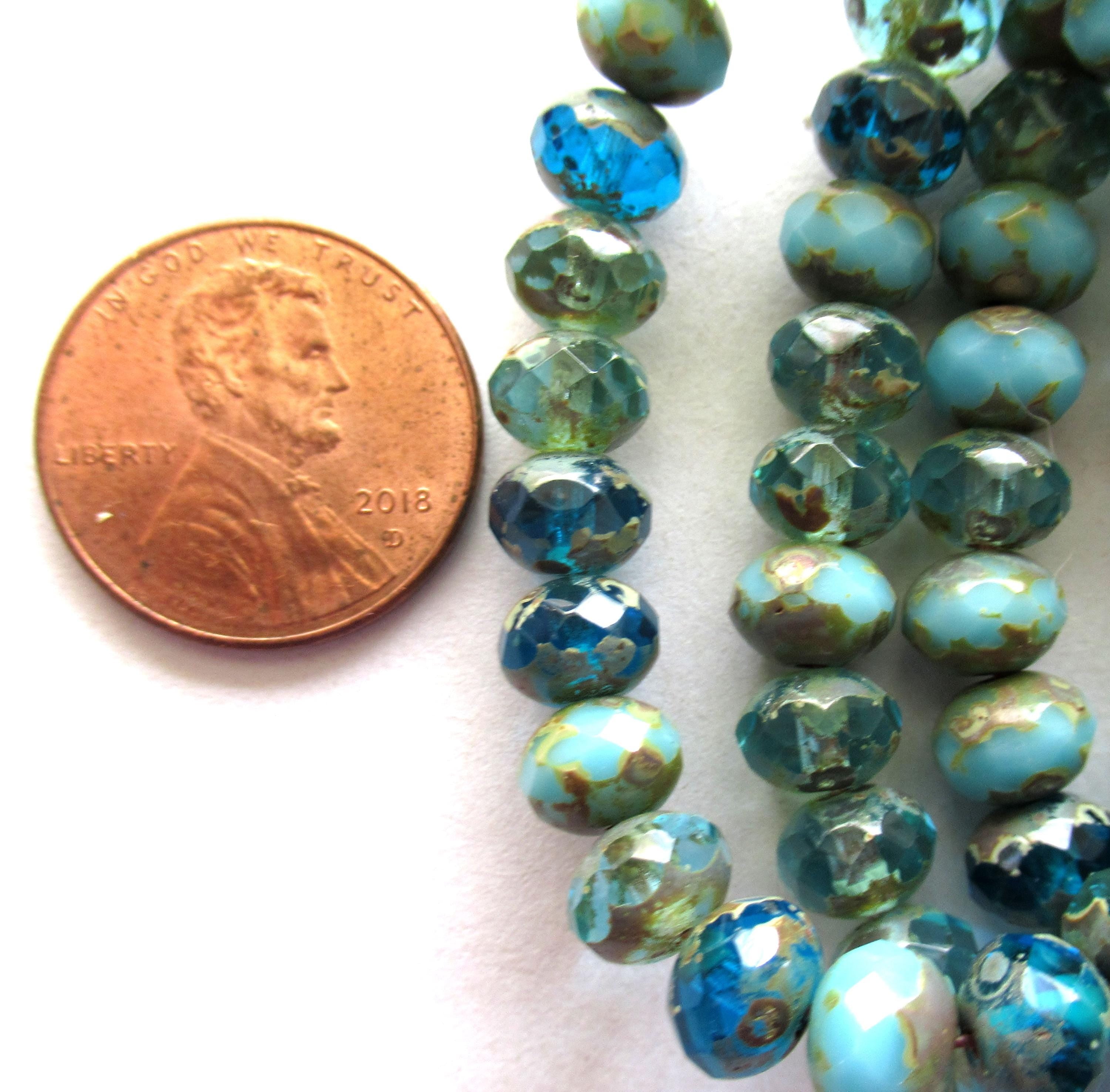 25 Czech glass puffy rondelle or donut beads - 5 x 7mm transparent & opaque blue mix picasso beads - fire polished faceted beads 00181
