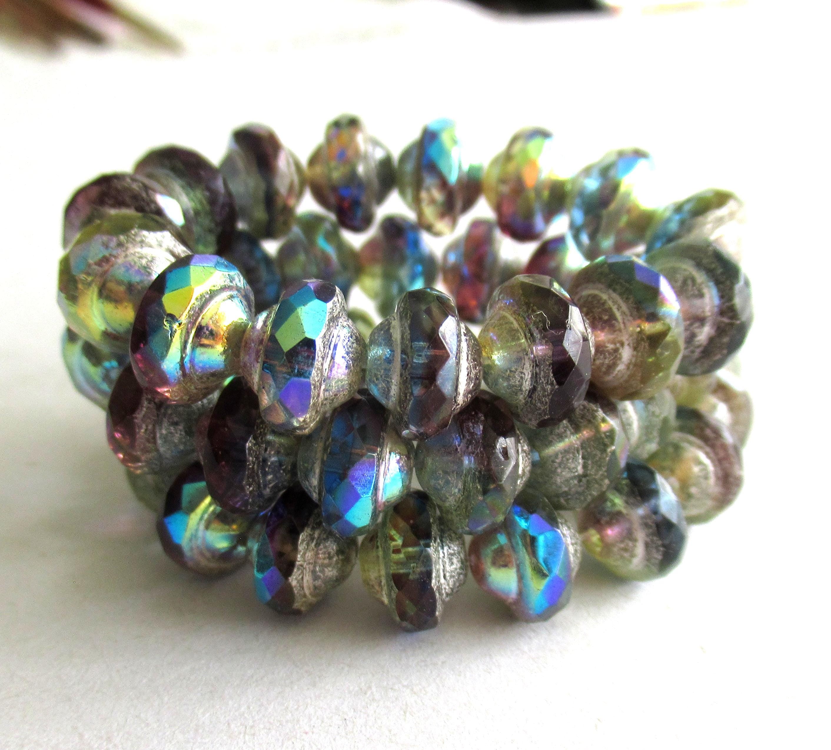 15 Czech glass mini saturn / saucer beads - 6 x 8mm blue & purple / amethyst ab color mix with a silver ab picasso finish C5842