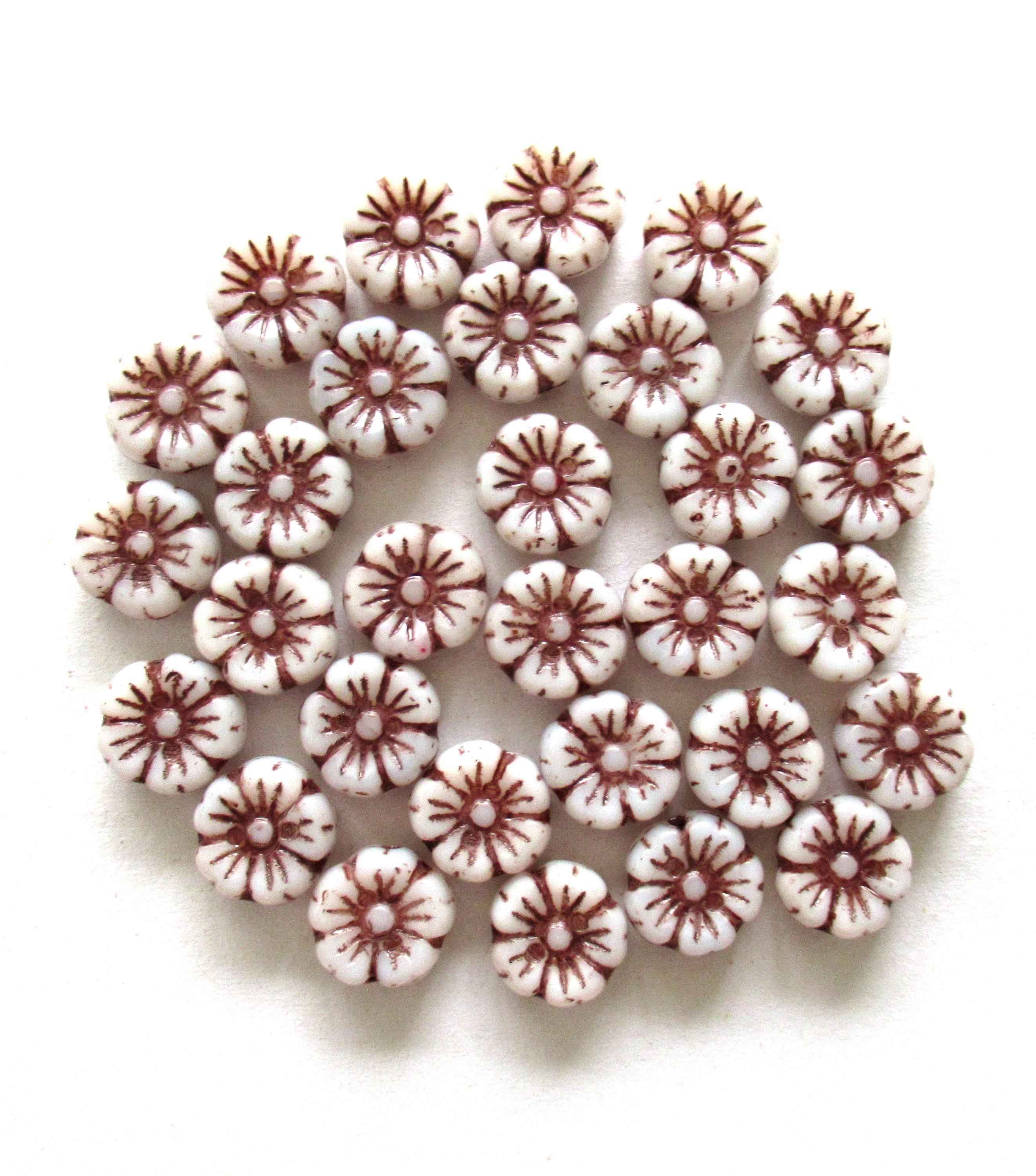 Fifteen Czech glass flower beads - 10mm - opaque white beads with a brown wash - Hawaiian hibiscus flower beads C00121
