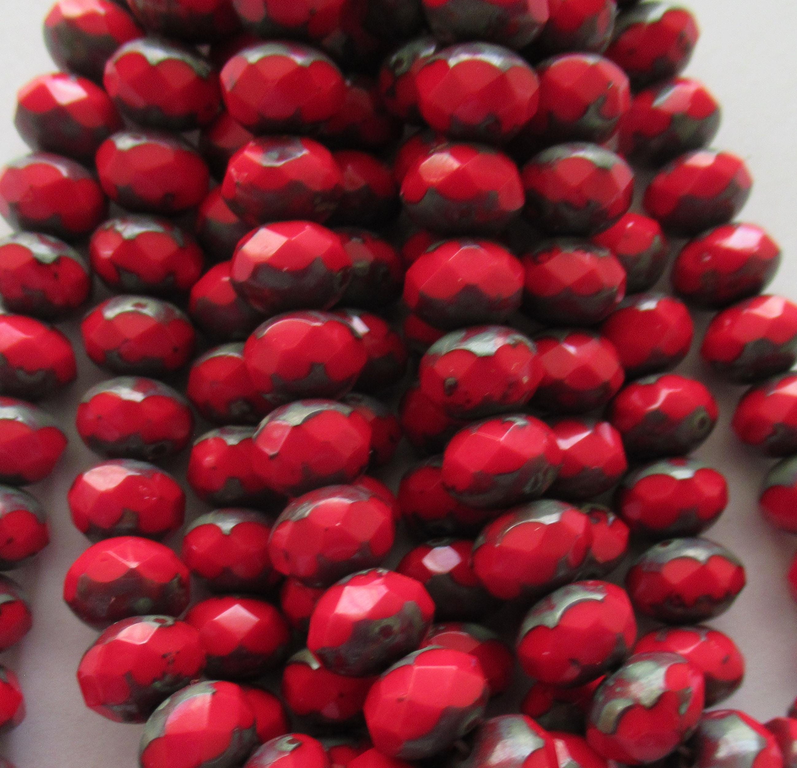 Twenty-five 6 x 8mm Czech glass puffy rondelles - opaque deep red picasso - faceted fire polished rondelle beads - 00822