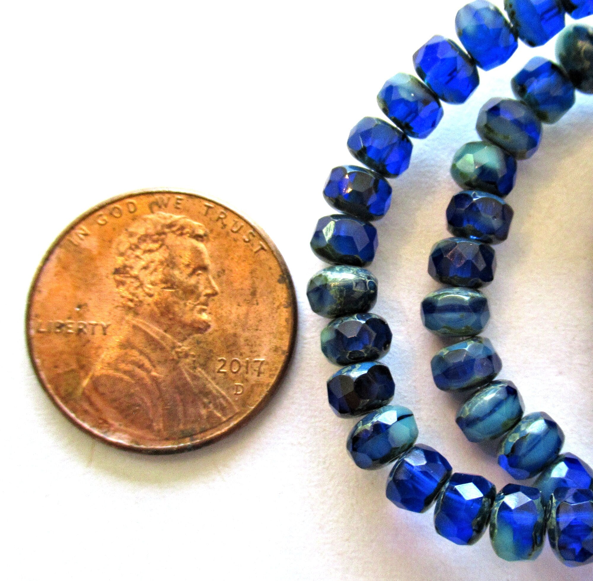30 small Czech glass puffy rondelle beads - 3 x 5mm transparent cobalt blue & opaque turquoise color mix faceted fire polished rondelles 00041