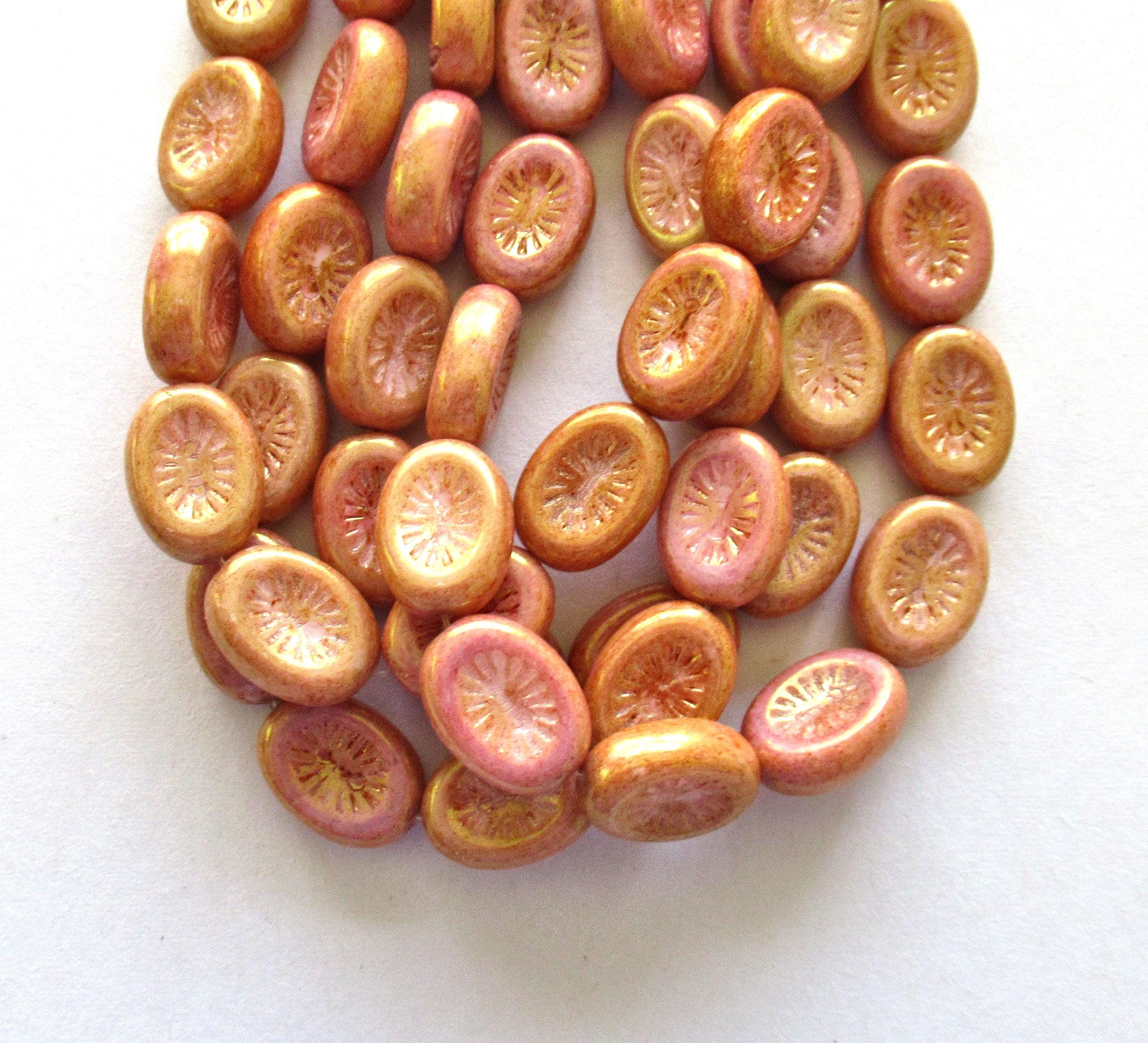 Ten 14 x 11mm Czech glass oval kiwi beads - opaque pink & peach mix - pressed glass beads - C00011