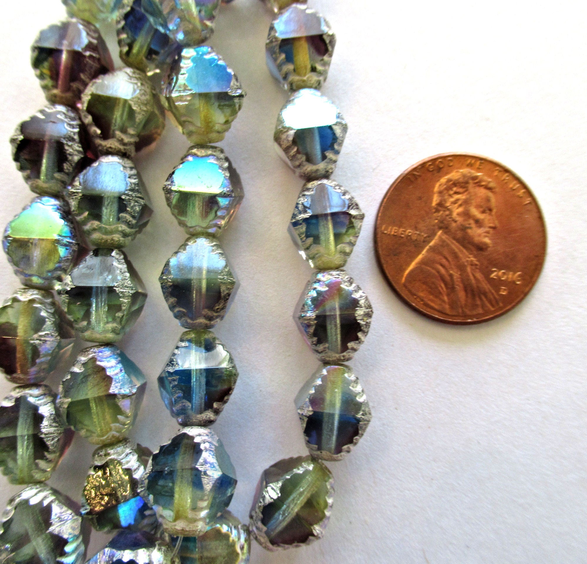 Fifteen Czech glass bicones - 10 x 8mm color mix ab w/ silver accents - table cut carved notched bicone beads - C00542