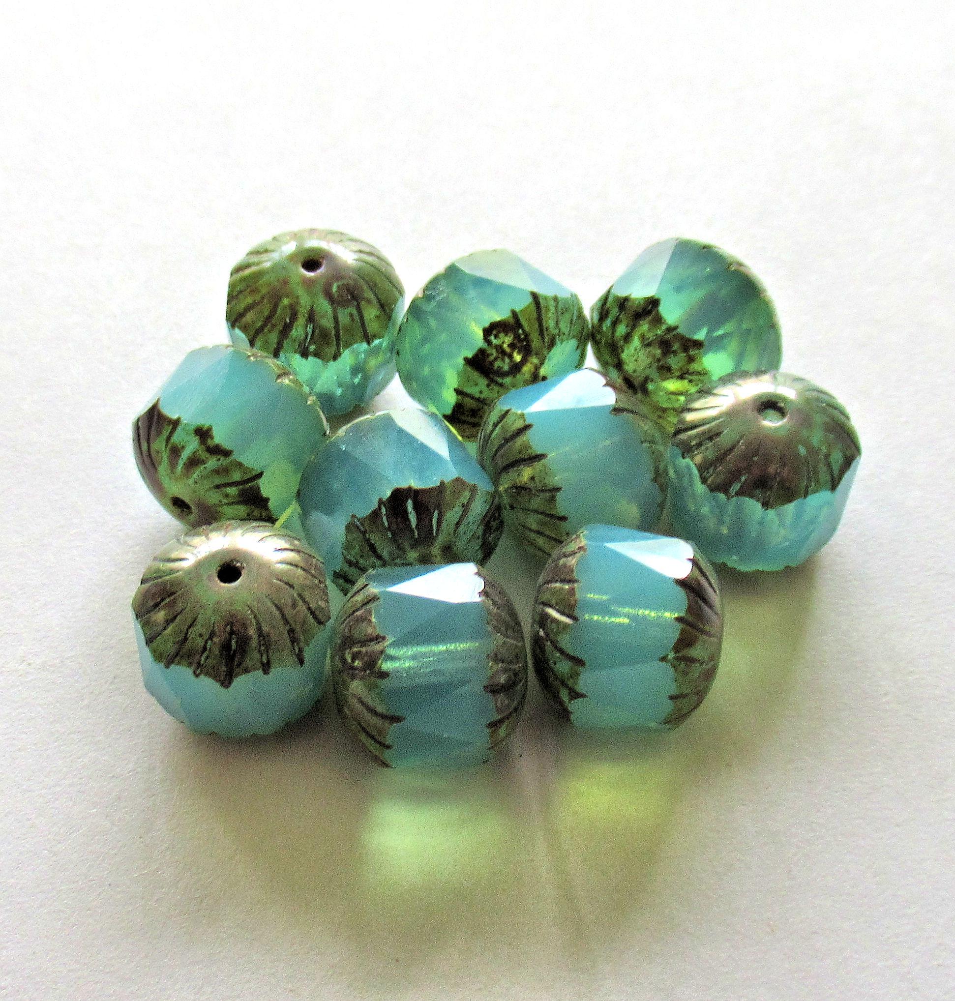 Ten Czech glass faceted carved cruller beads - 10mm - milky aqua blue opal Vaseline glass - cathedral beads w/ picasso accents - 00044