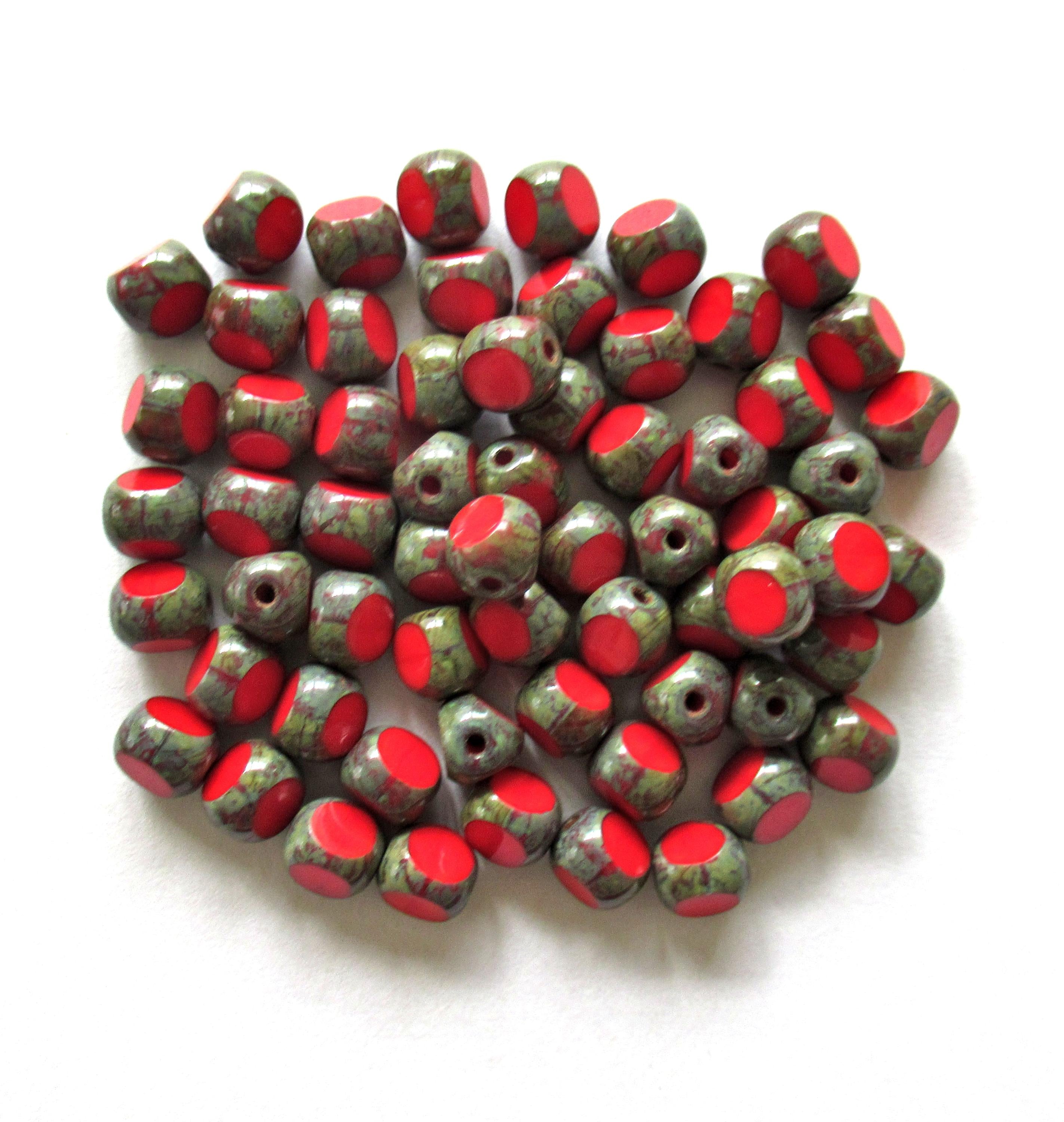25 6mm Czech glass window beads - opaque red picasso - tri-cut faceted rustic earthy beads C0057