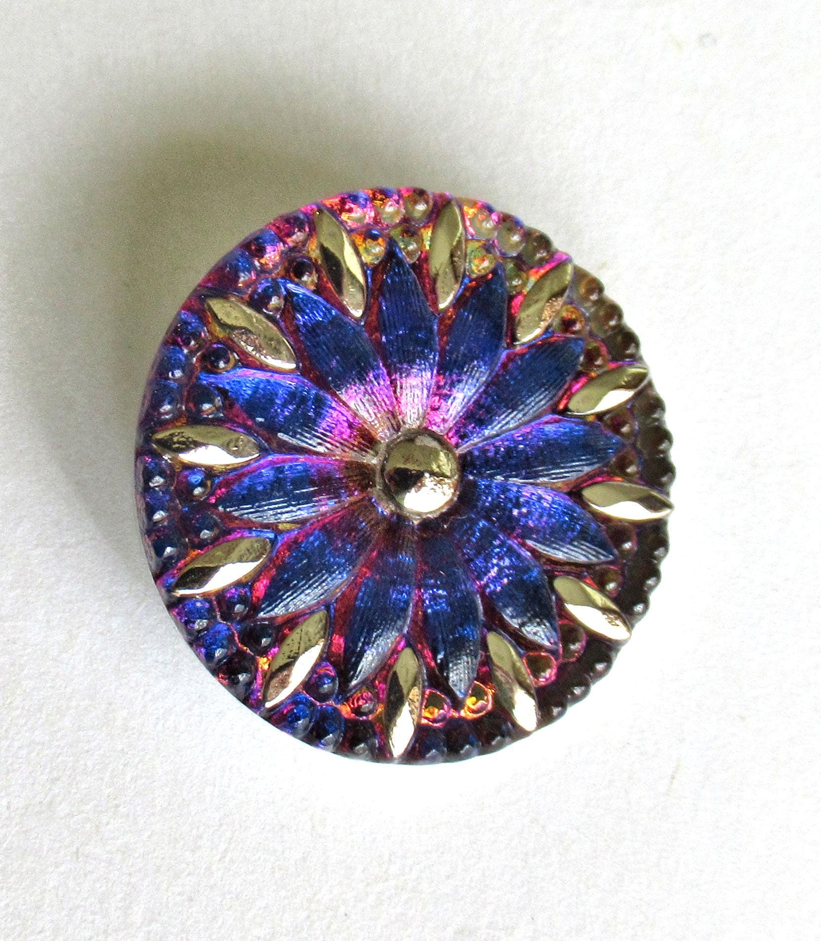 One large Czech glass button - 31mm - blue & pink flower button with silver accents - decorative floral shank button - C00824