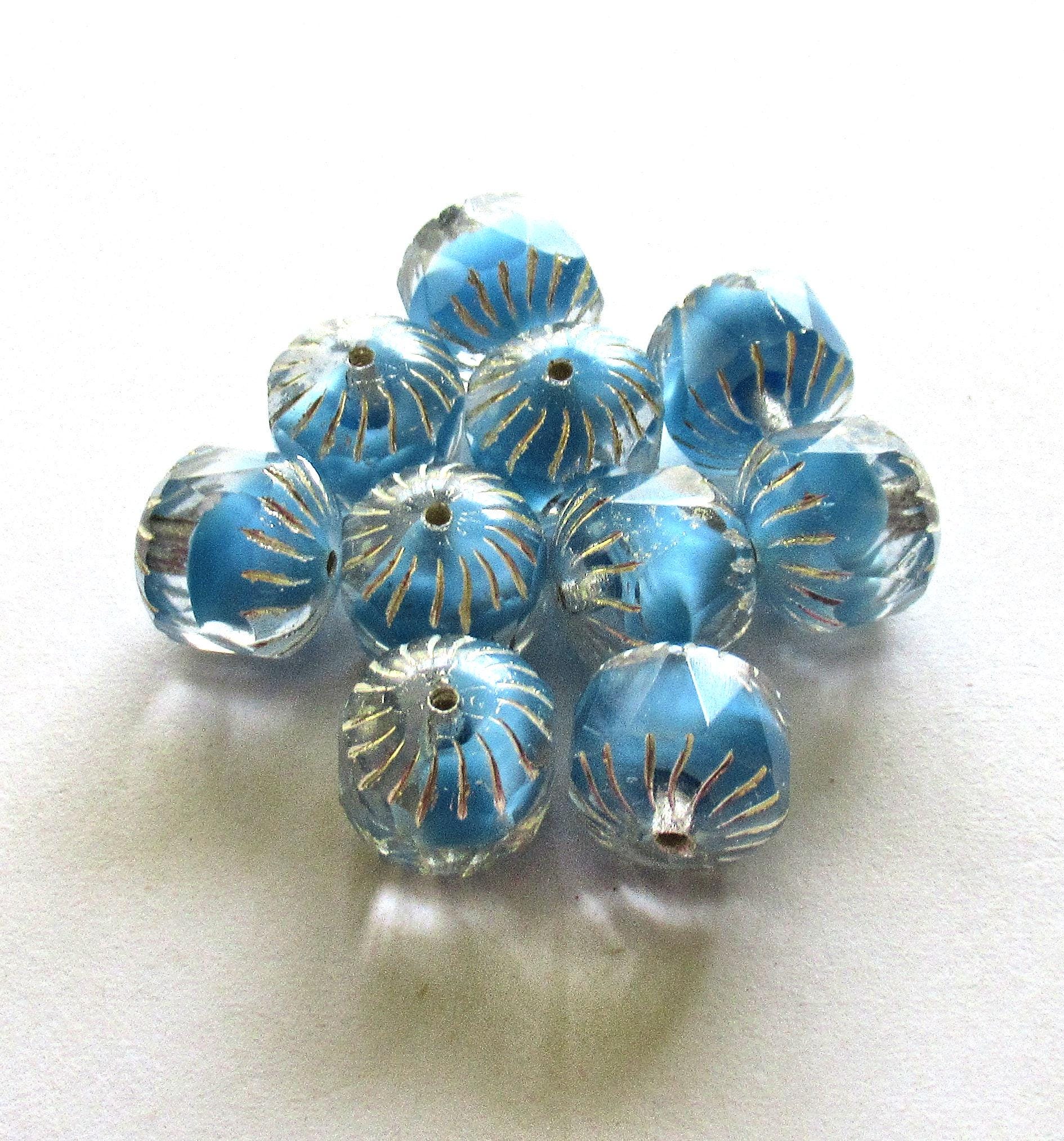Ten Czech glass faceted carved cruller beads - 10mm - sky blue silk and crystal clear mix - cathedral beads w/ silver accents - 00024