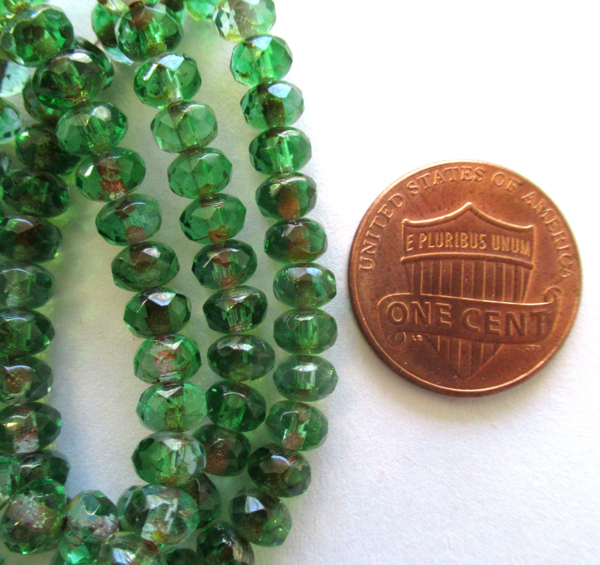 Lot of 30 small 3 x 5mm Czech glass puffy rondelle beads - transparent green & blue picasso faceted, fire polished puffy rondelles 0089