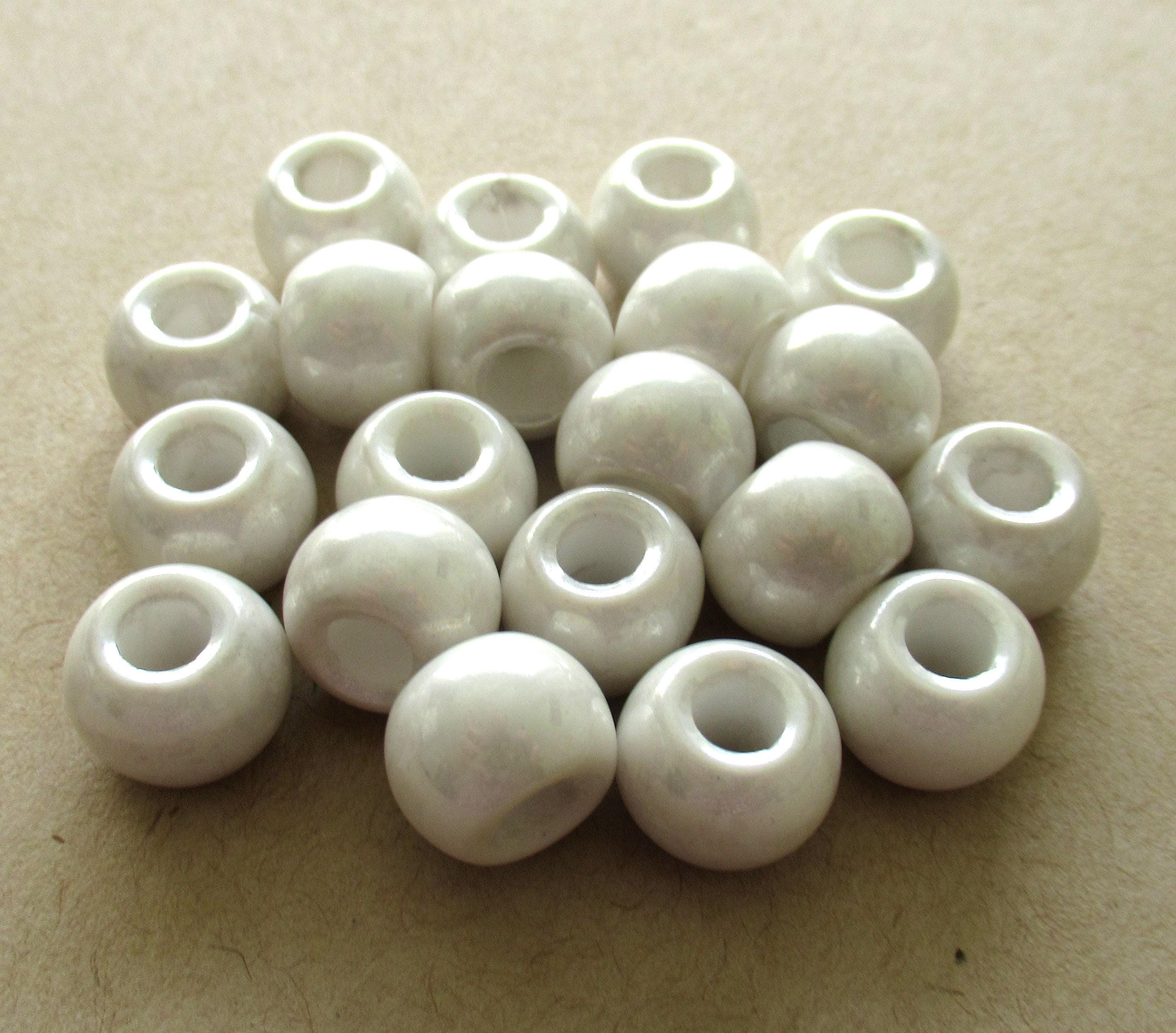 Large big hole round druk beads - 12mm - opaque white luster Czech glass druks - large 4mm holes - six pieces - C00401