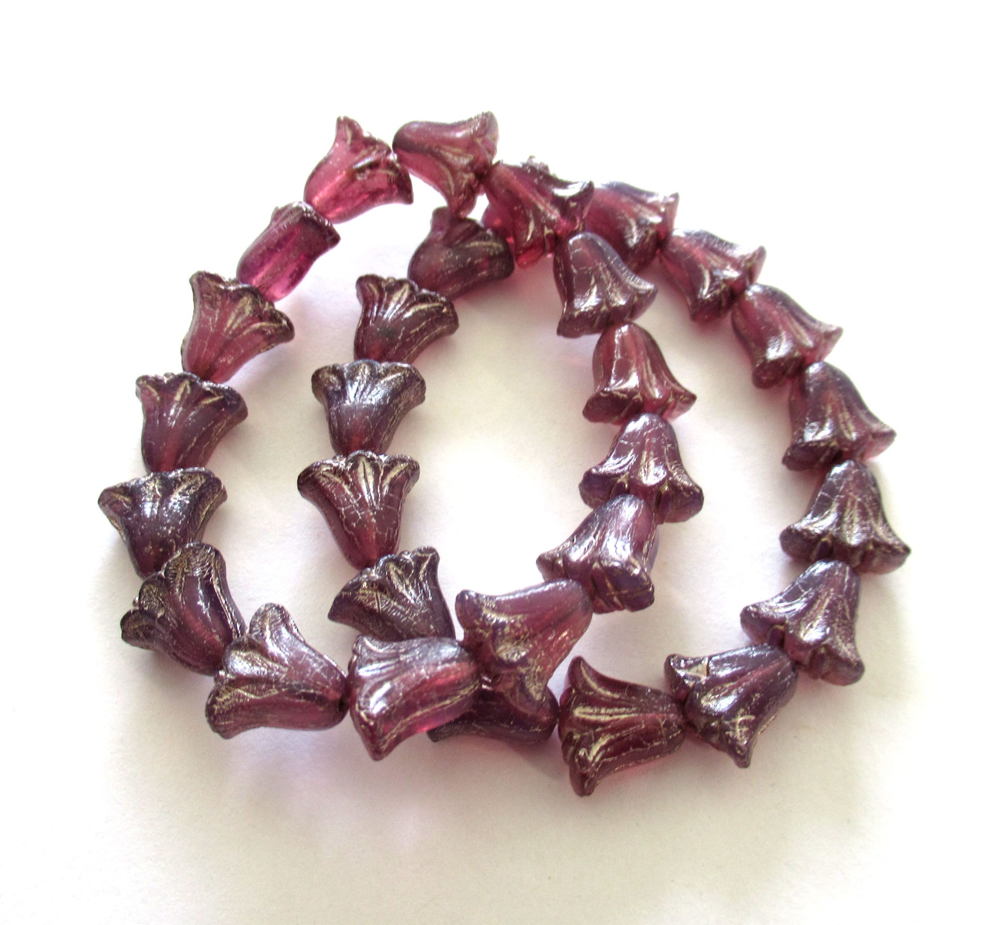 15 Czech glass flower beads - 9 x 10mm translucent purple / amethyst opal with a silver wash - lily flower beads C00351
