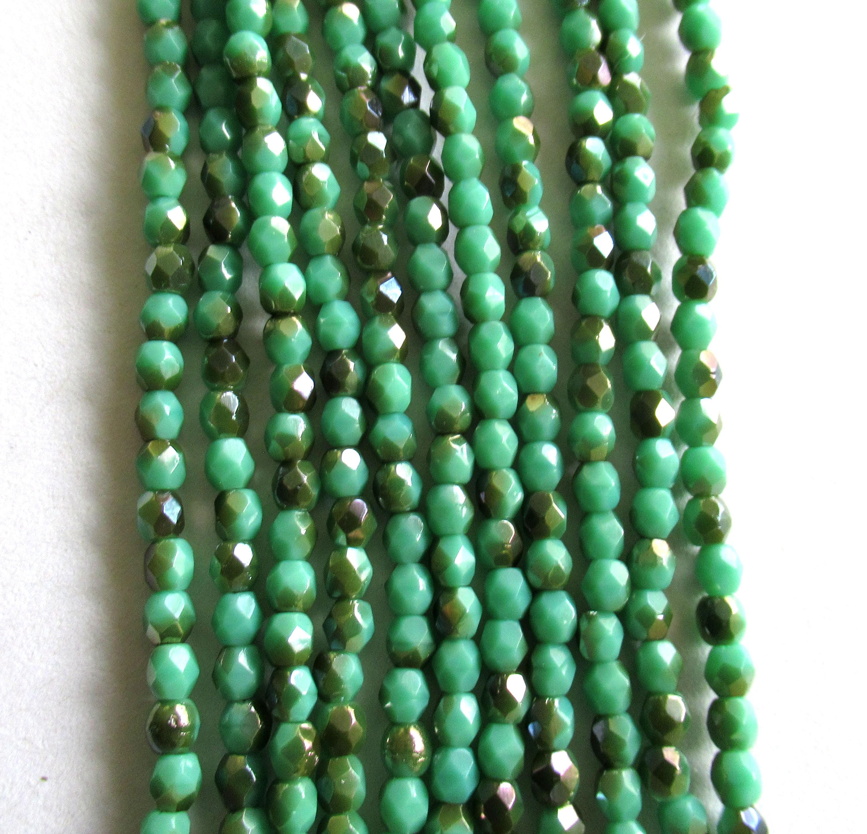50 3mm Czech glass beads - opaque turquoise green celsian beads - fire polished faceted round beads - C0026