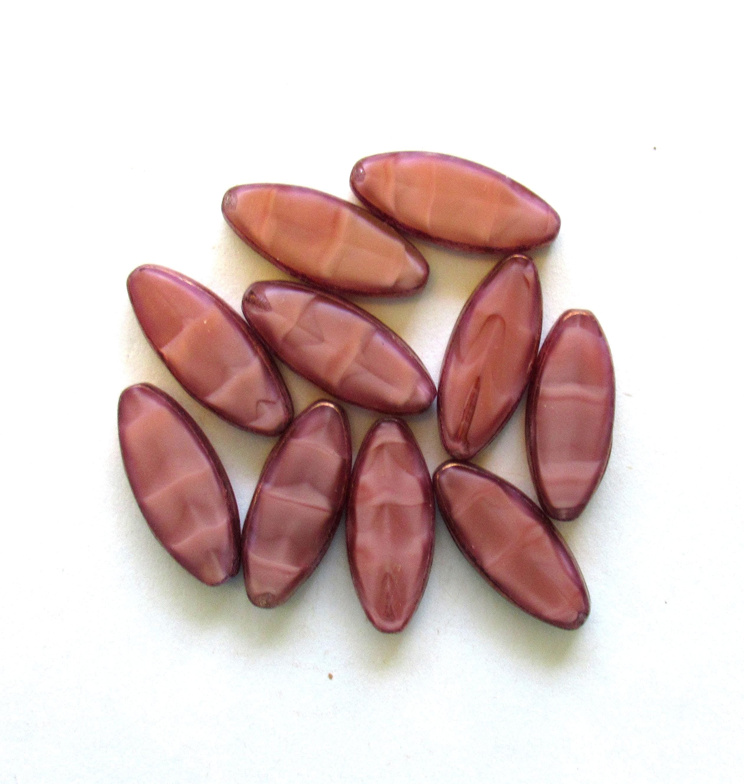 Ten large Czech glass spindle beads - opaque pink silk w/ bronze picasso accents - 20 x 9mm - table cut almond shaped oval beads - C00962