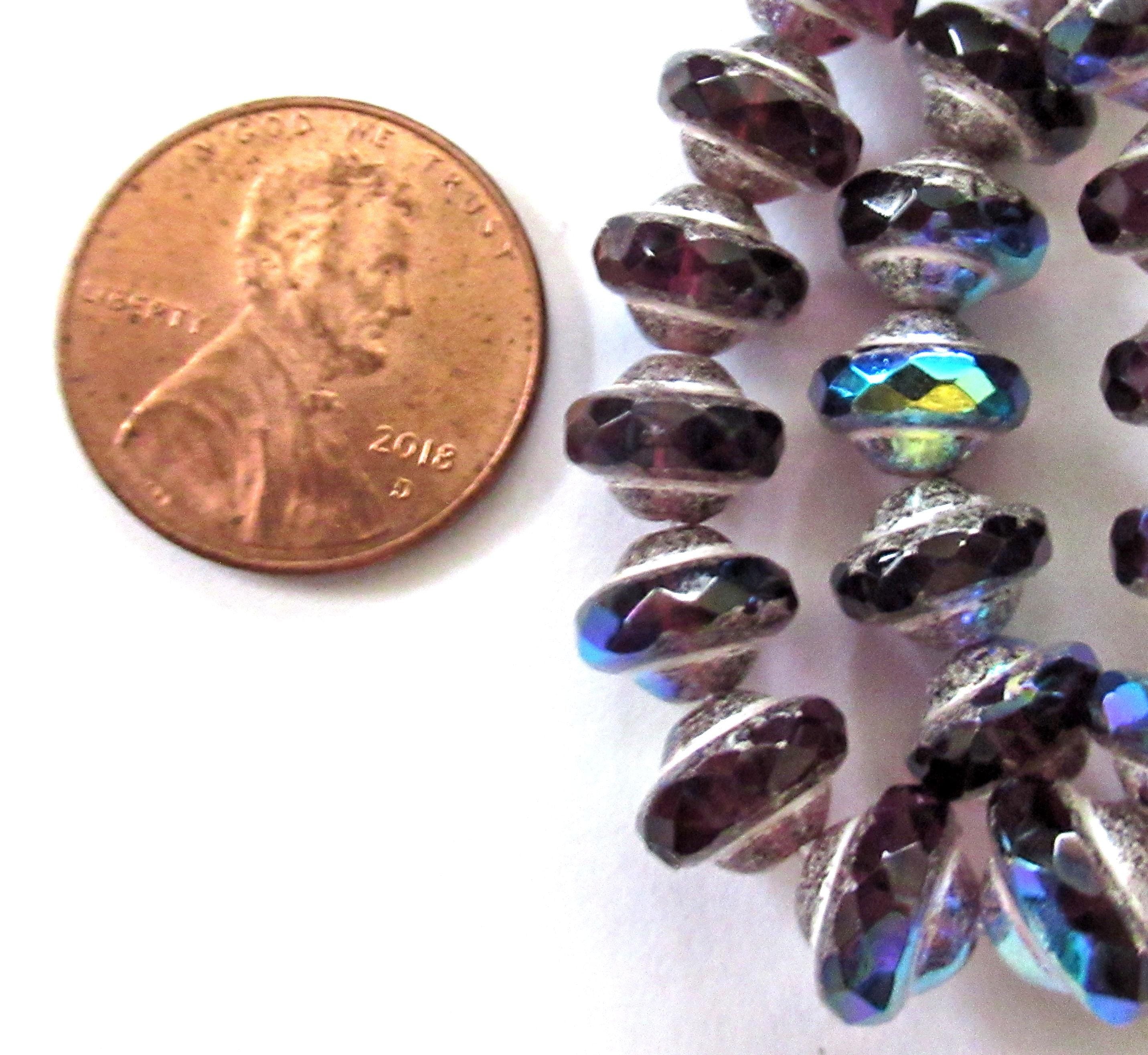 15 Czech glass mini saturn / saucer beads - 6 x 8mm purple / amethyst ab with picasso accents - C00522