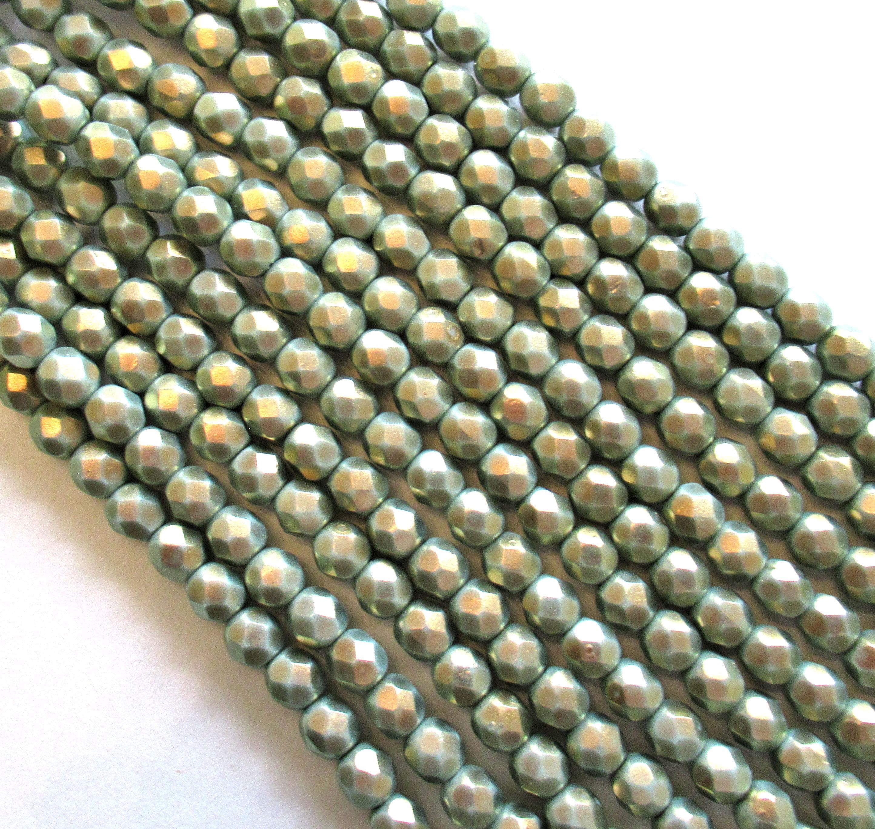 25 6mm Czech glass round beads - Halo Ethereal Heavens opaque light green beads w/ gold finish - fire polished, faceted - C0087