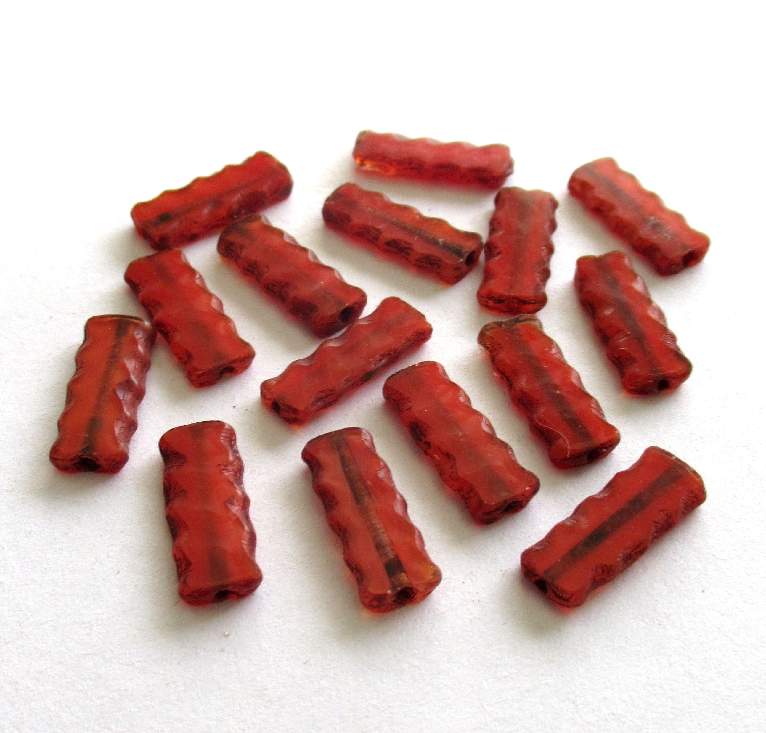 Czech glass rectangle tube beads - translucent red beads with serrated edges - long flat table cut beads - 17 x 7mm - 15 pieces - C00051