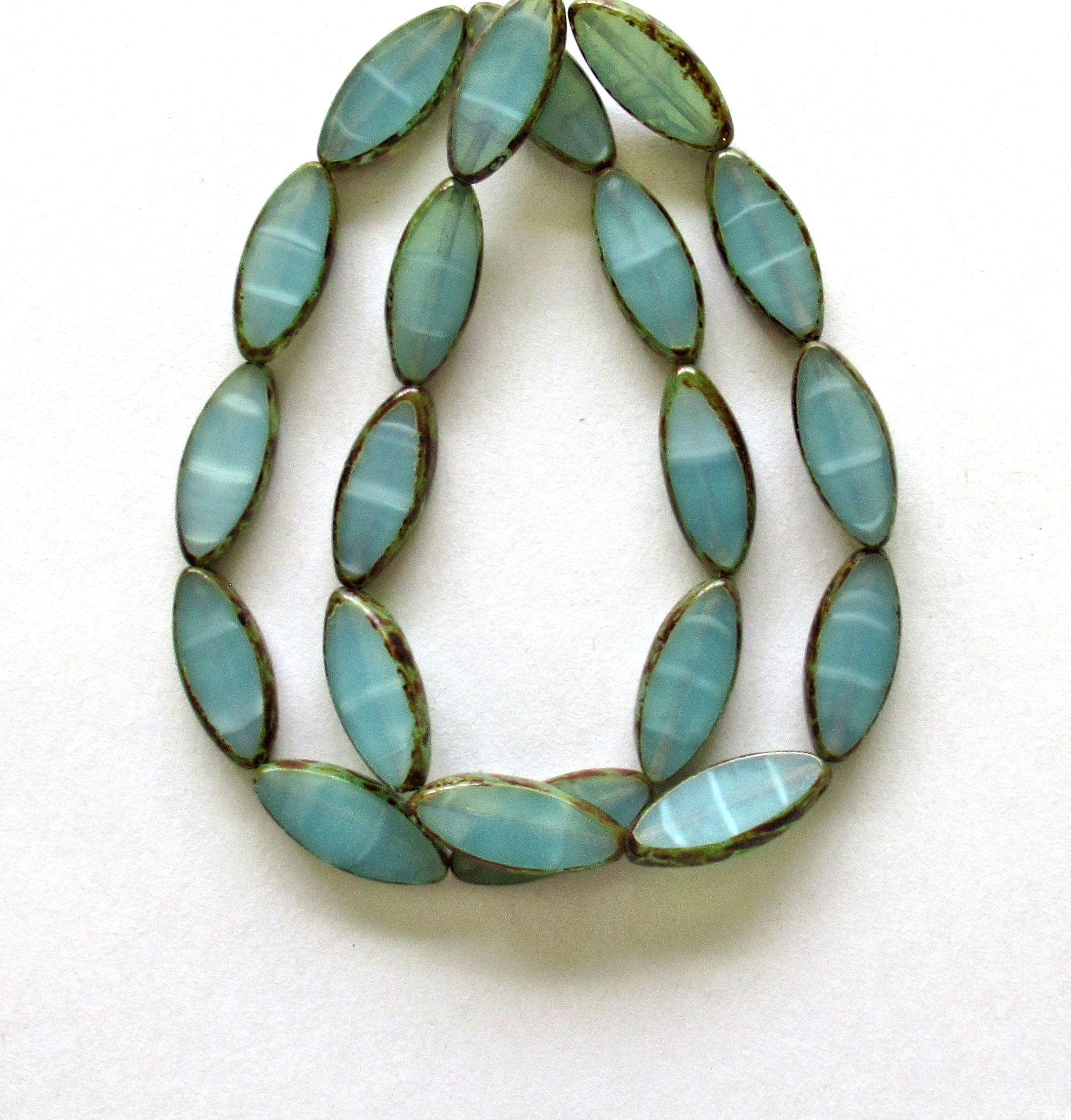 Ten Czech glass spindle beads - 7 x 18mm translucent sea-foam blue green striped picasso beads - oblong oval beads - table cut beads C00432