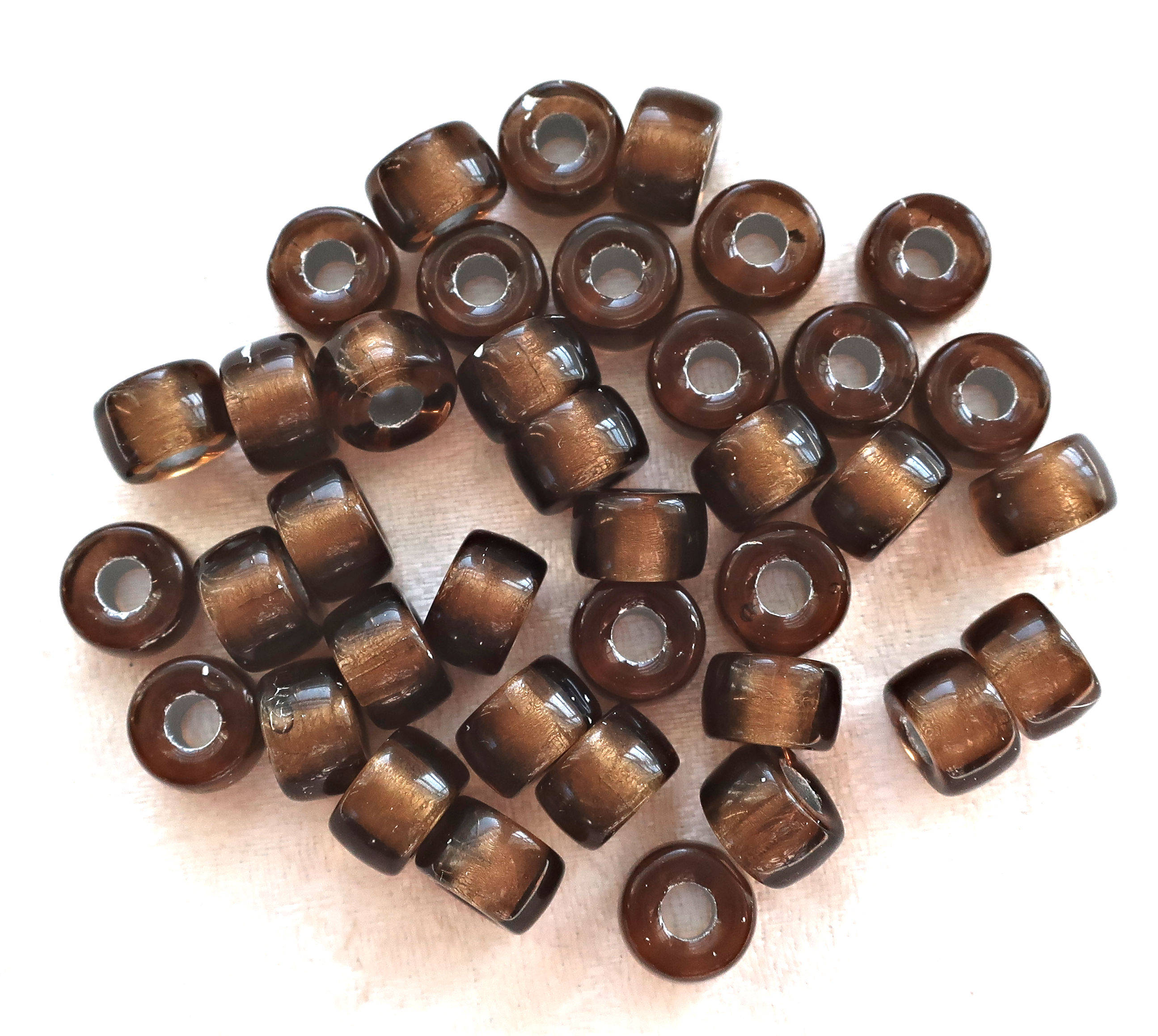 Lot of 25 9mm Smoky Topaz, Brown, Silver Lined Czech glass pony beads, roller or crow beads with large big 3mm holes C0087
