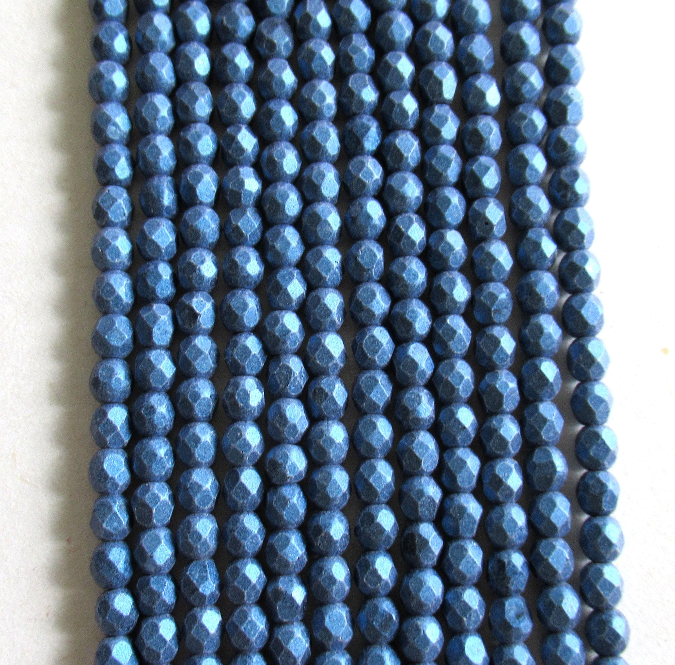 50 4mm matte metallic suede blue Czech glass beads - faceted fire polished round beads - C0025